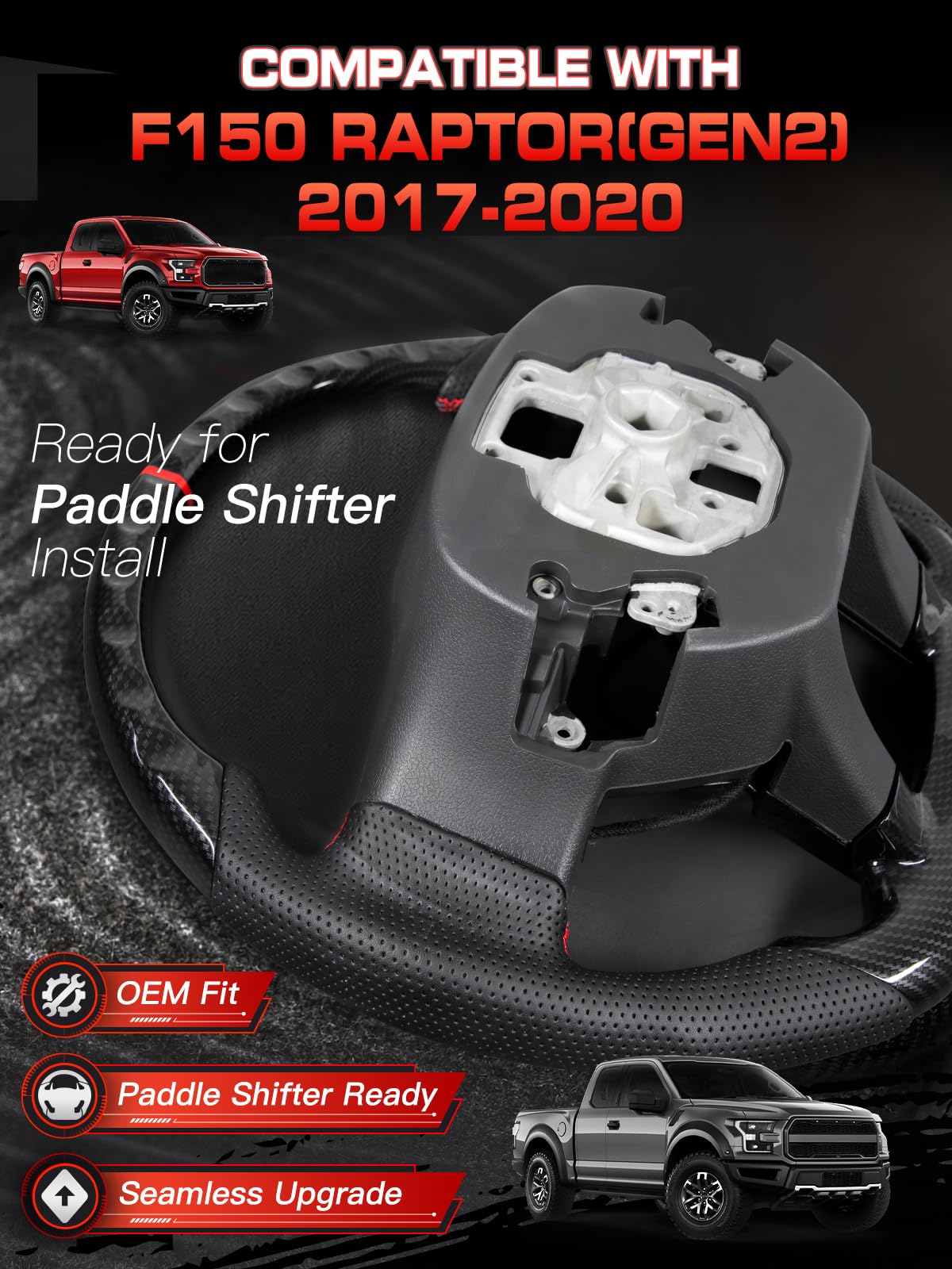 TESFEEL Steering Wheel for F150 Raptor 2017-2020 Hydro-Dip Carbon Fiber Steering Wheel with Heated with Trim Cover D-shaped Flat-bottom Compatible with Raptor with Paddle Shifters Models