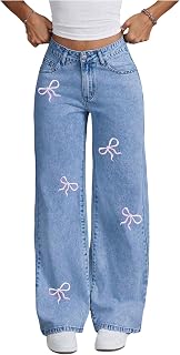WDIRARA Girl's Bow Embroidered Baggy Jeans High Waisted Straight Leg Denim Pants