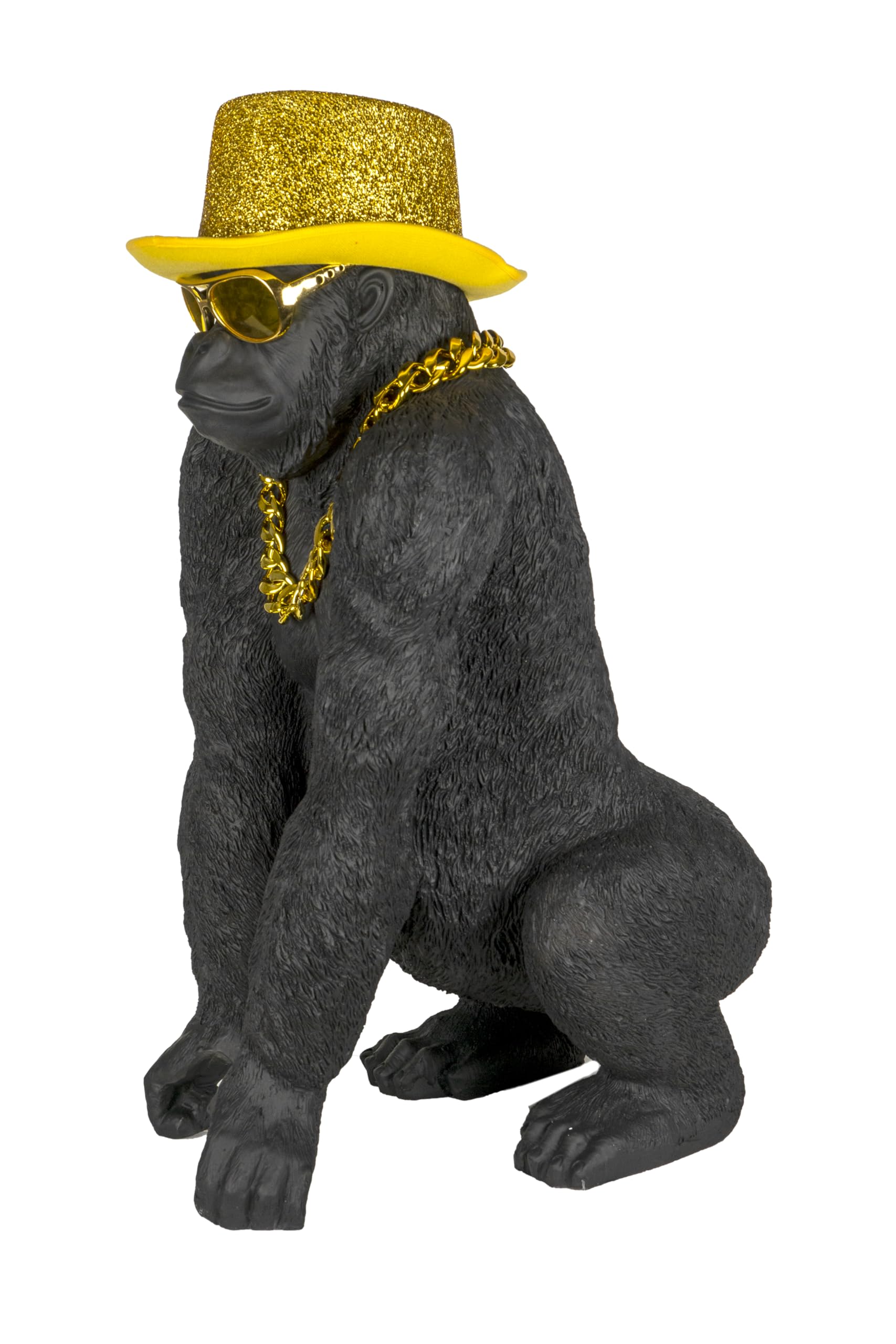 Bongo Gold – Statua Gorilla dorata di alta qualità, statuetta decorativa con occhiali e catena dorata – scultura di design XXL – creazione francese di eccezione per soggiorno ufficio