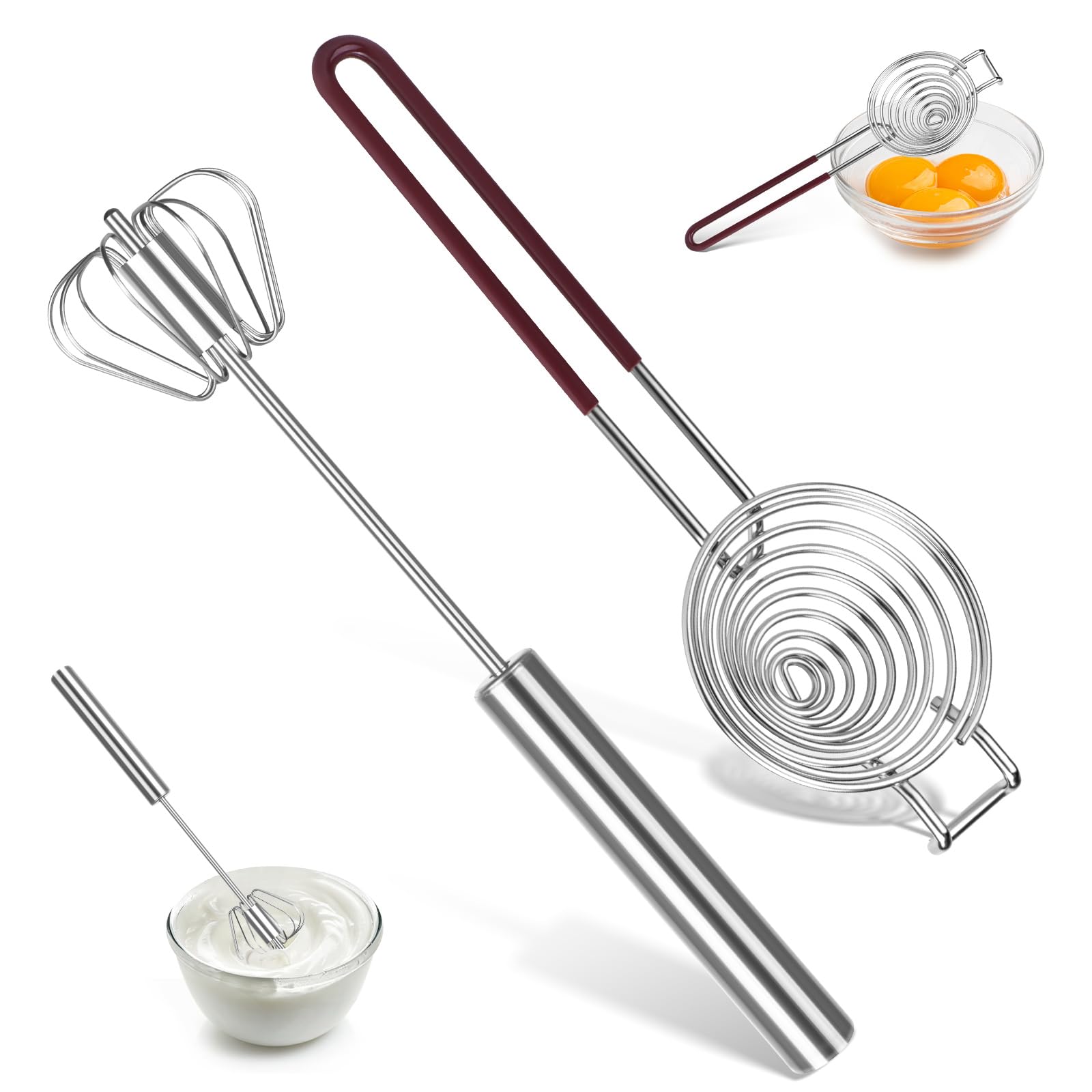 2 pcs Whisk Set with Yolk Separator,Stainless Steel Semi-Auto Egg Beater Whisk and Egg Separator,Hand Push Mixer Stirrer for Blending,Whisking,Beating & Stirring