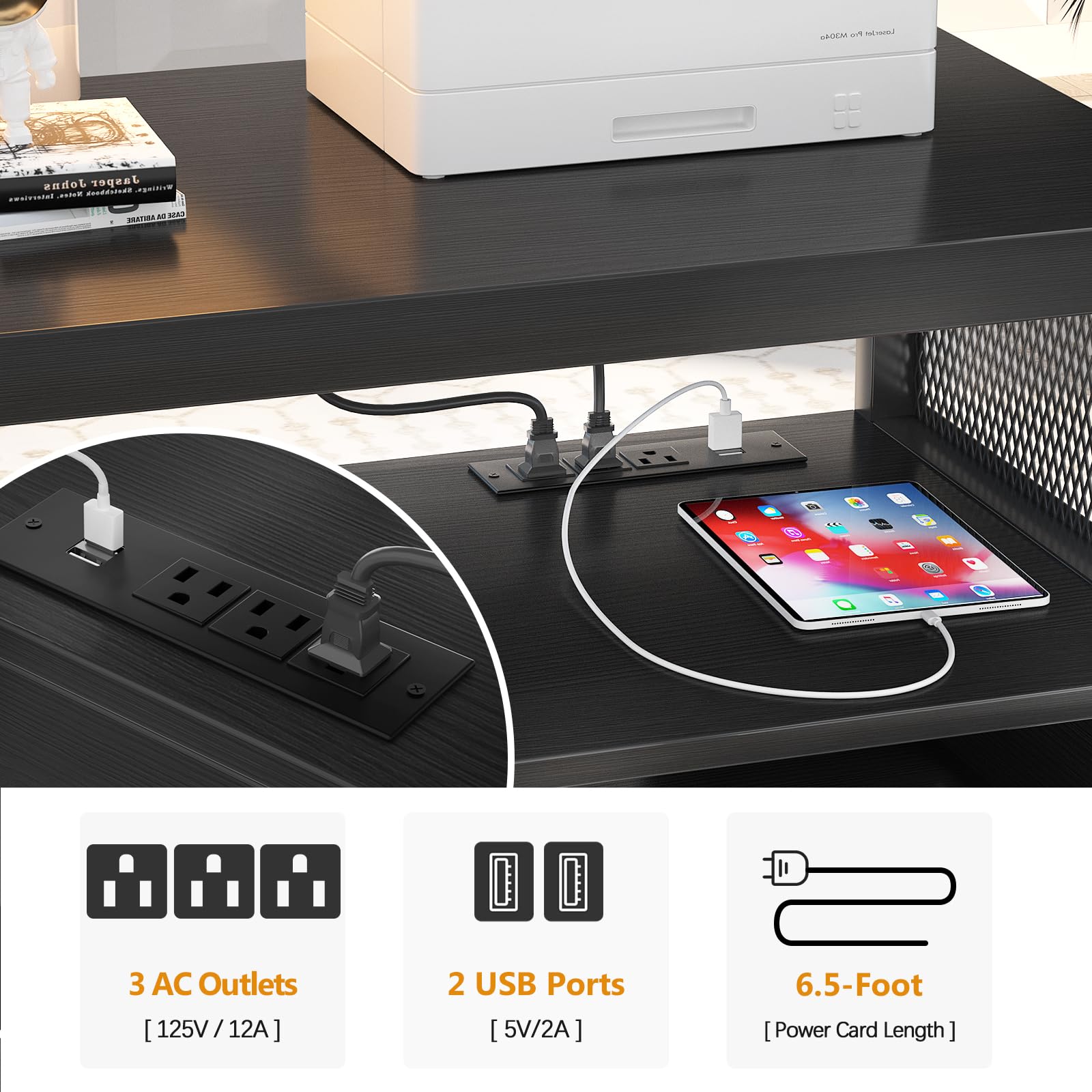 Unikito Lateral File Cabinet Locking Office Printer Stand with Sockets and USB Charging Ports Modern Rolling Printer Desk — view 4