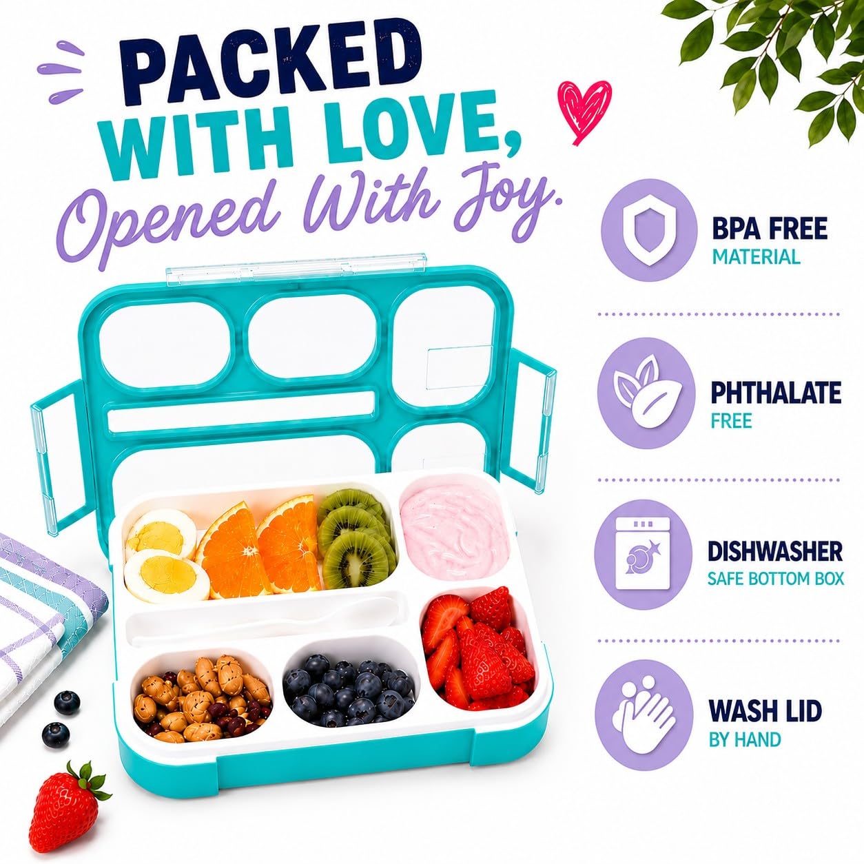 Bento-Box zestaw 2 pudełek na lunch, szczelne pojemniki na porcje do przygotowywania posiłków dla dzieci i dorosłych, do pracy lub szkoły, na lunch i przekąski, nie zawiera BPA, fioletowy
