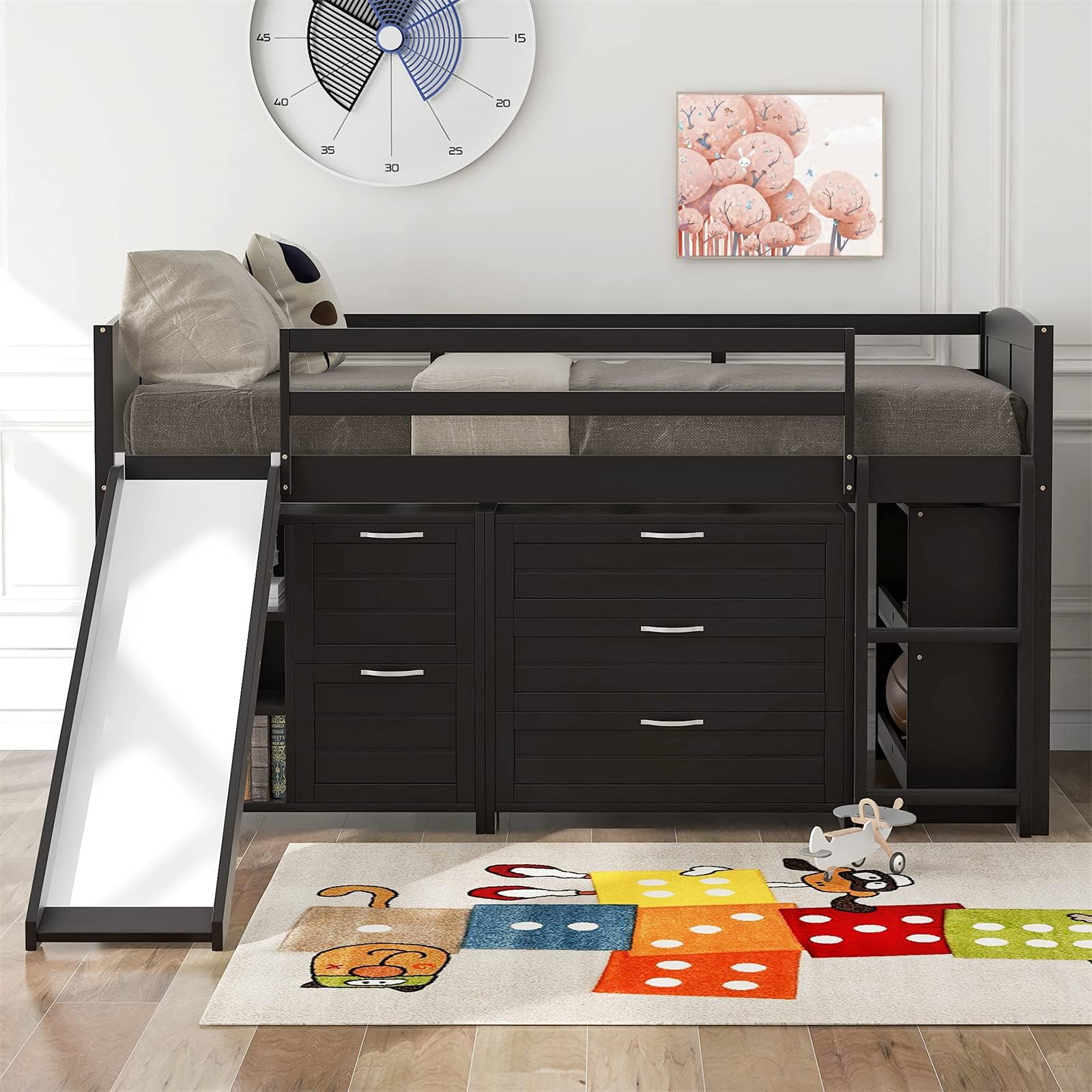 Low Loft Bed with Slide and Storage Twin Size Loft Bed Frame with Cabinet Drawers and Book Shelves Wooden Junior Loft Beds for Kids Boys Girls Teens, Espresso