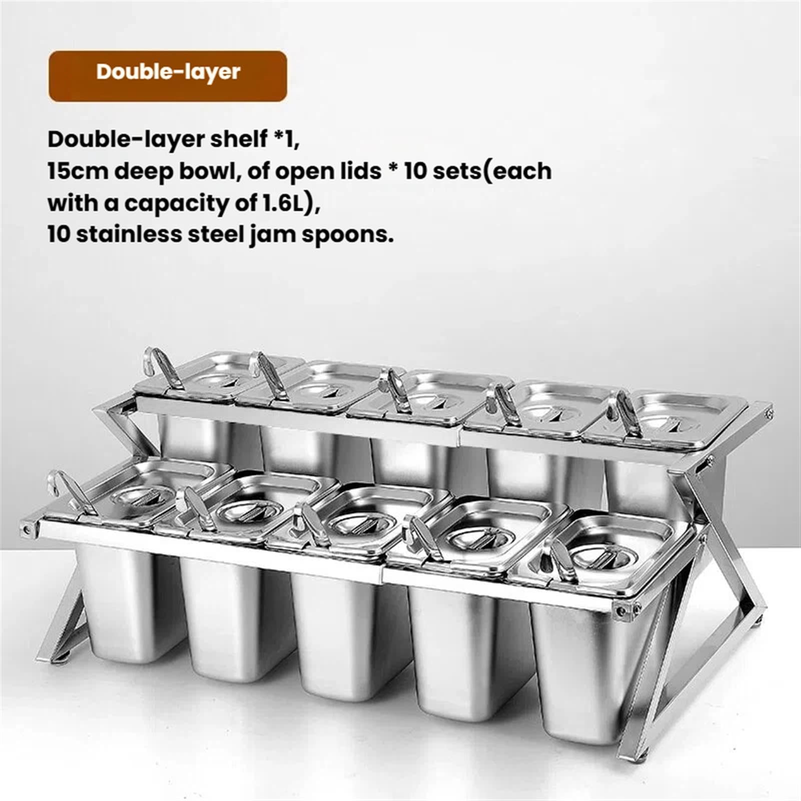Contenitori regolabili per condimenti in acciaio inox con coperchi e cucchiai, dispenser versatile per servire cibo per cucina, buffet e intrattenimento domestico