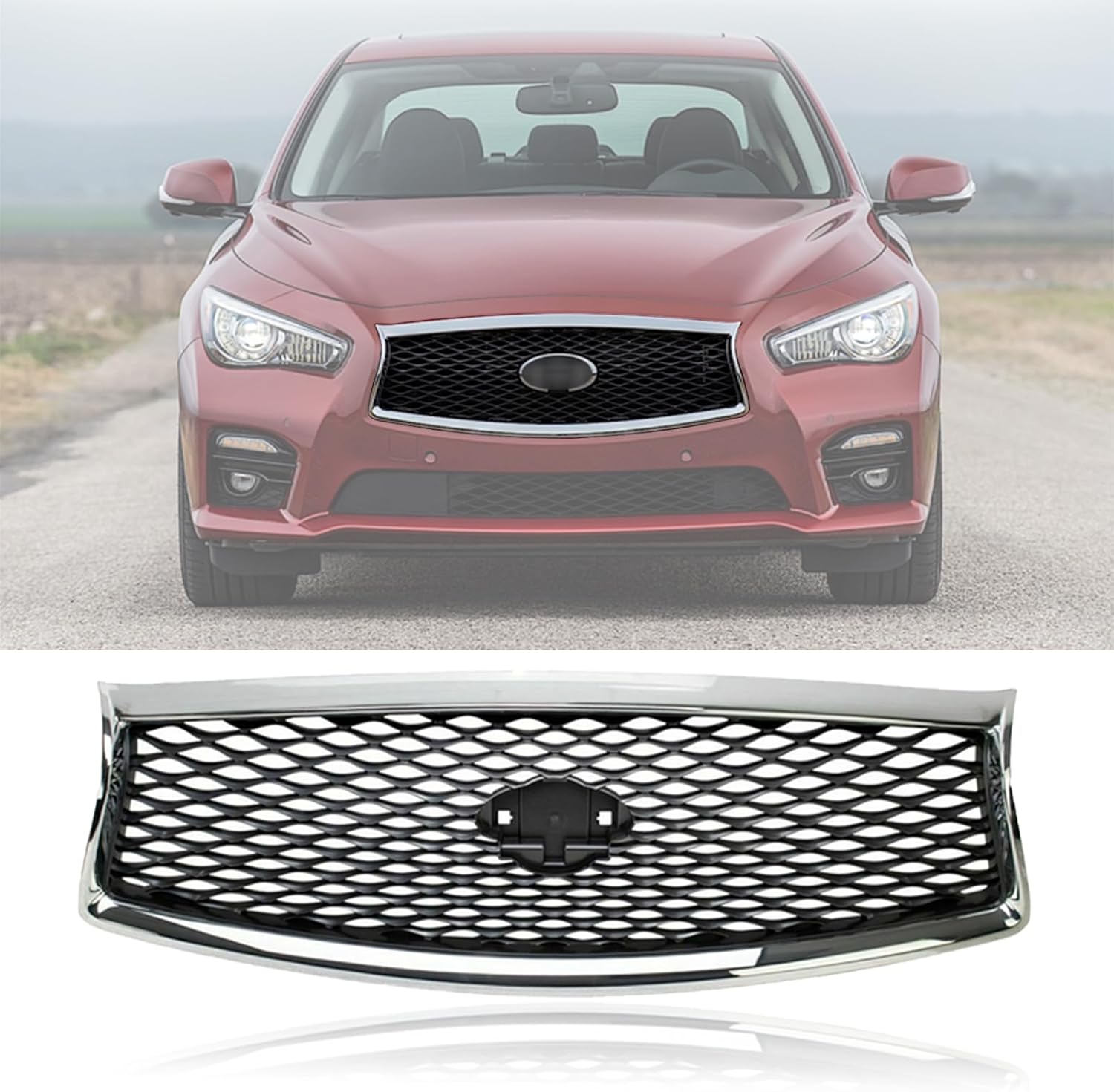Fit 2014 2015 1016 2017 for Infiniti Q50 Hood Mesh Front Bumper Upper Grille Grill Chrome Trim