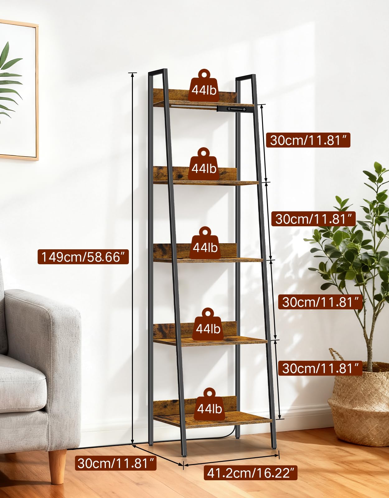 5-poziomowy regał drabinkowy z oświetleniem LED, wąski regał na książki w stylu industrialnym do salonu