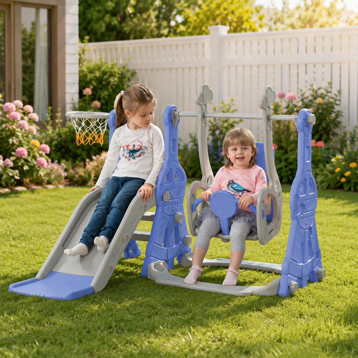 4-in-1 Rutsche für Babys und Kinder, Außenbereich, mit Schaukel, Treppe, Basketballkorb, freistehend (blau)