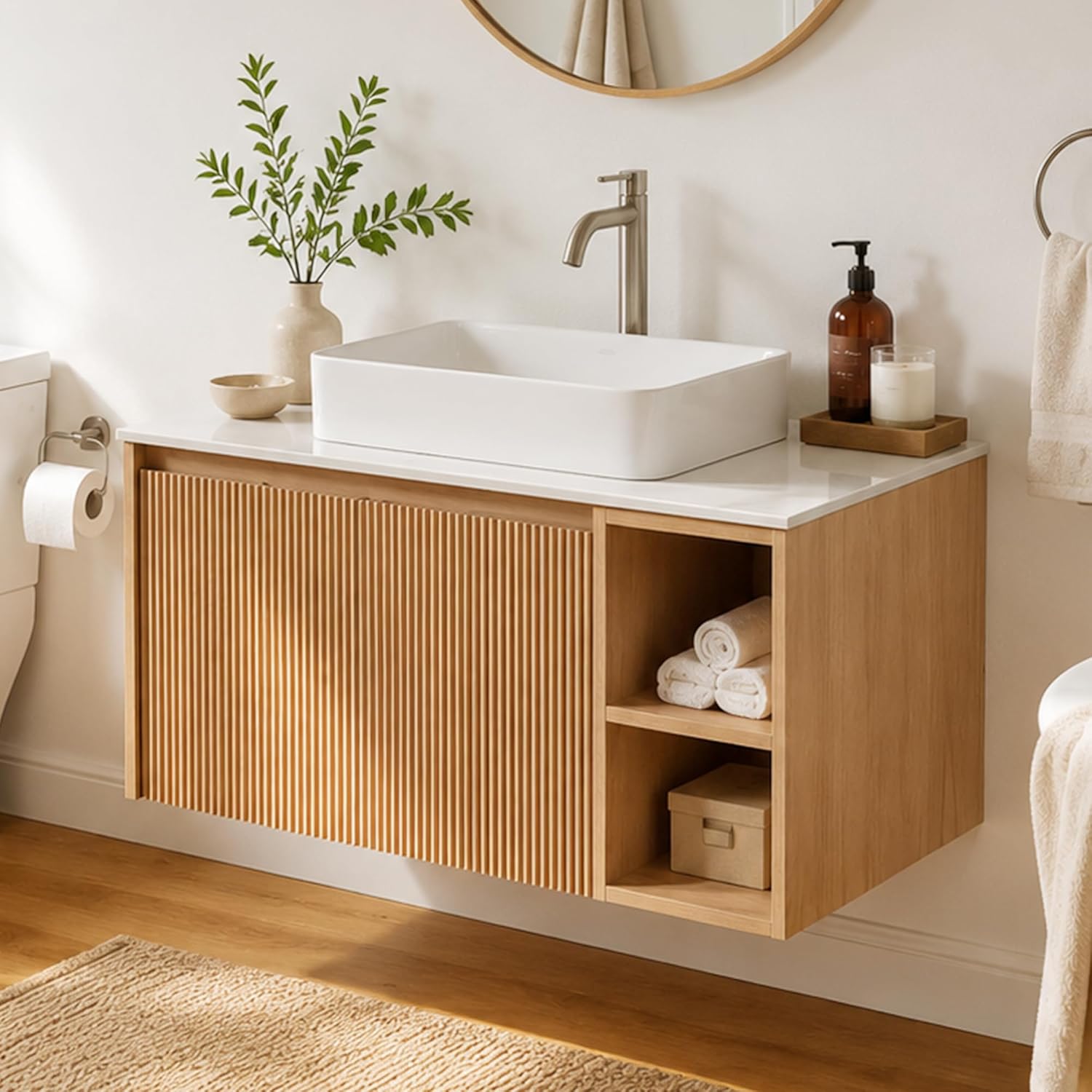 36 Inch Floating Bathroom Vanity with Sintered Stone Top and Vessel Sink, Modern Wall Mounted Cabinet with Fluted Wood Door, Single Sink Bath Vanity with Open Shelves, Light Walnut