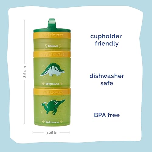 Miniatura 2 de Whiskware Contenedores apilables de dinosaurio para niños y niños pequeños, 3 tazas apilables para aperitivos para la escuela y los viajes,