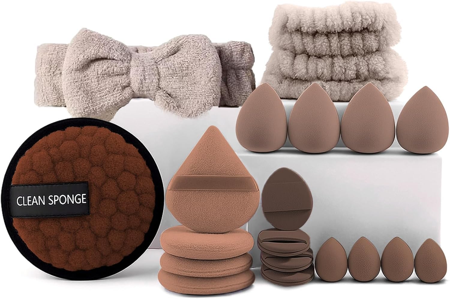 INOVERA (LABEL) 20 Pcs Makeup Sponge Set - Beauty Blender Sponges - Makeup Tool with Spa HeadBand, Wristbands & Reusable Cleaning Sponge for Women (Brown)