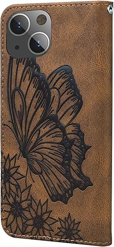 Miniatura 3 de Funda tipo cartera compatible con iPhone 15, piel sintética, diseño de mariposa, funda de silicona suave con tarjetero y función atril, cierre