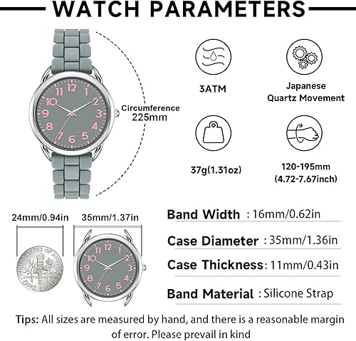 Miniatura 7 de Asan Ge Reloj resistente al agua para mujer, elegante correa de silicona para muñecas de mujer de 5 a 7 pulgadas, esfera de 1.417 in con números