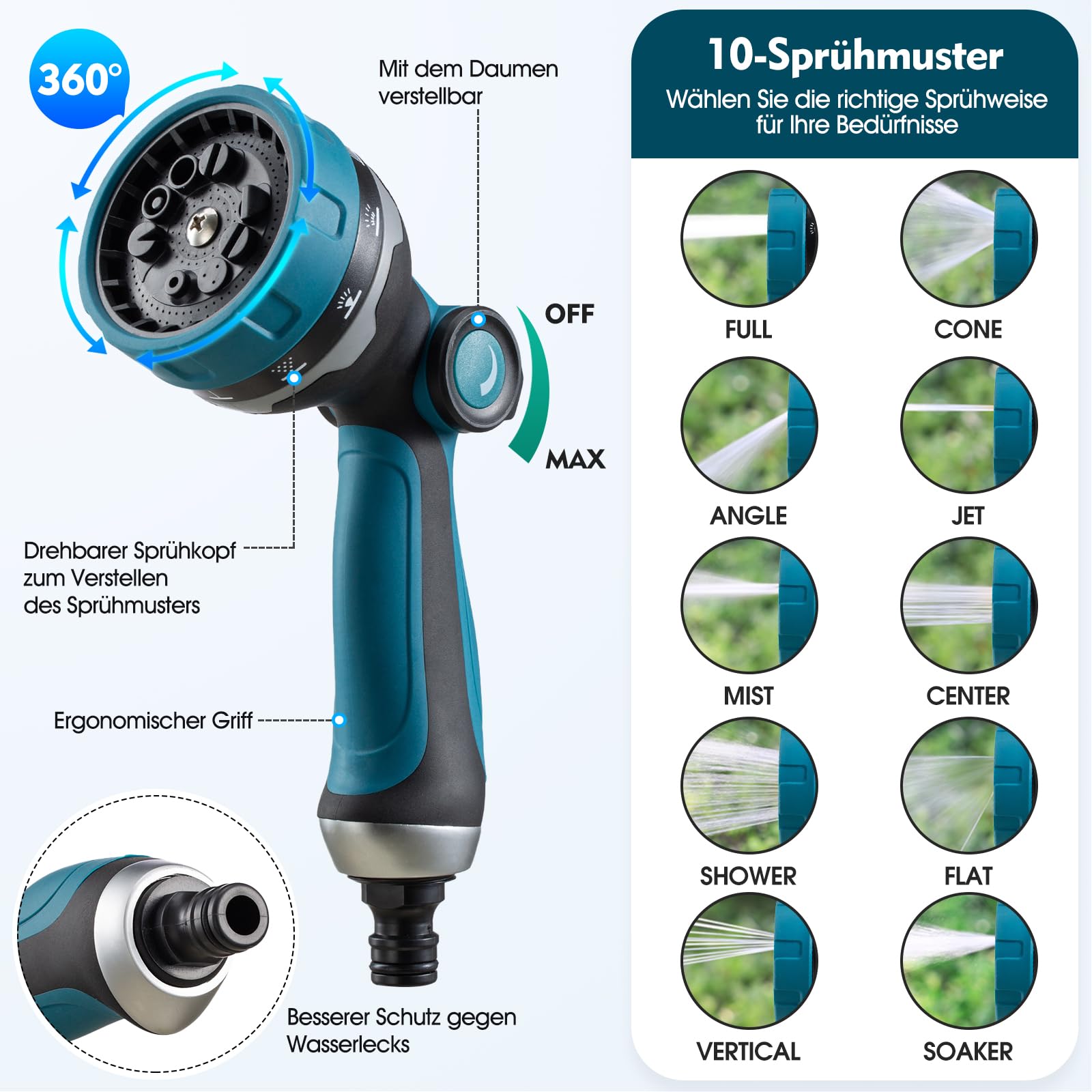Gartenschlauch 15m Flexibel Wasserschlauch mit 10-Funktionen-Sprühkopf, Leichter Flexibler Schlauch mit 3/4 Zoll und 1/2 Zoll Massiven Anschlüssen und 3-Lagigem
