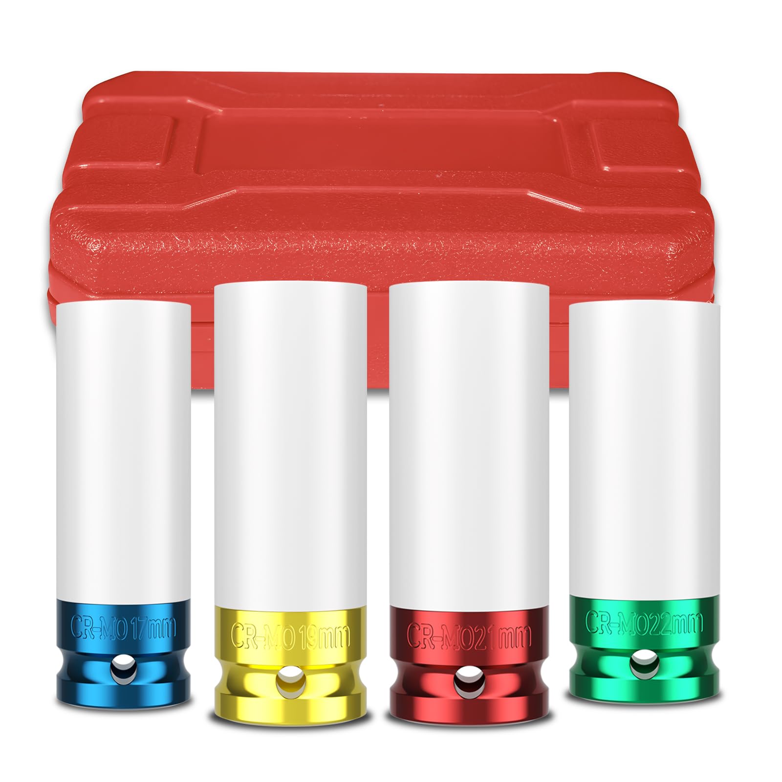 4-Piece 1/2 Inch Drive Wheel Nut Impact Socket Sets, CR-MO Steel 6-Point Thin-Wall Socket, Color-Coded Protective Sleeve, Metric 17-19-21-22mm Hub Socket Set