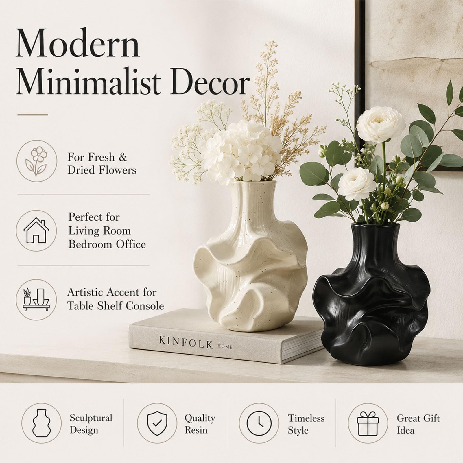 Moderne Kunstharz Vase für Pampasgras Trockenblumen und Wohndeko | Wohnzimmer Schlafzimmer Büro Esstisch Regal Kaminsims Tischdeko Zweige Kunstblumen Dekoobjekt Minimalistisch Skulptural