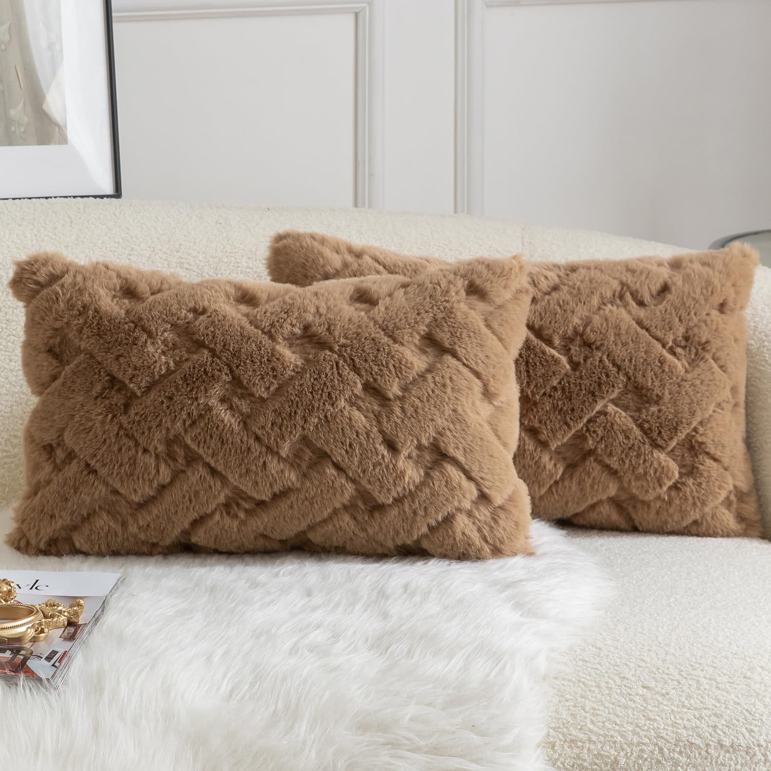 YAERTUN Set of 2 Decorative Cushion Covers Thick Plush Wool Pillows Covers Super Soft Luxury faux Rabbit Fur Velvet Throw Pillow Cases for Couch Sofa Bed Living Room 12x20 Inch 30x50 cm Camel — image 1