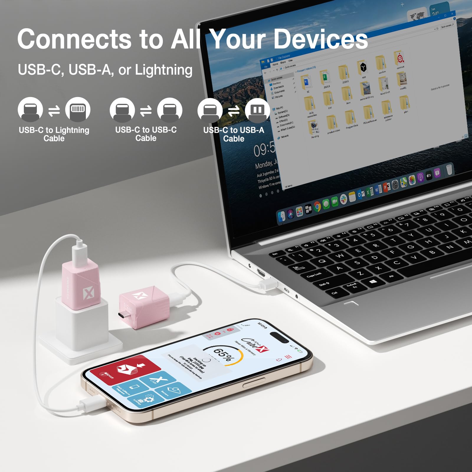iXflash Cube - Chiavetta USB da 512 GB per iPhone/iPad/Android, backup automatico delle foto durante la ricarica rapida, Apple MFi USB C 3.2 Data Cube Photo Stick Backup Drive, disco rigido