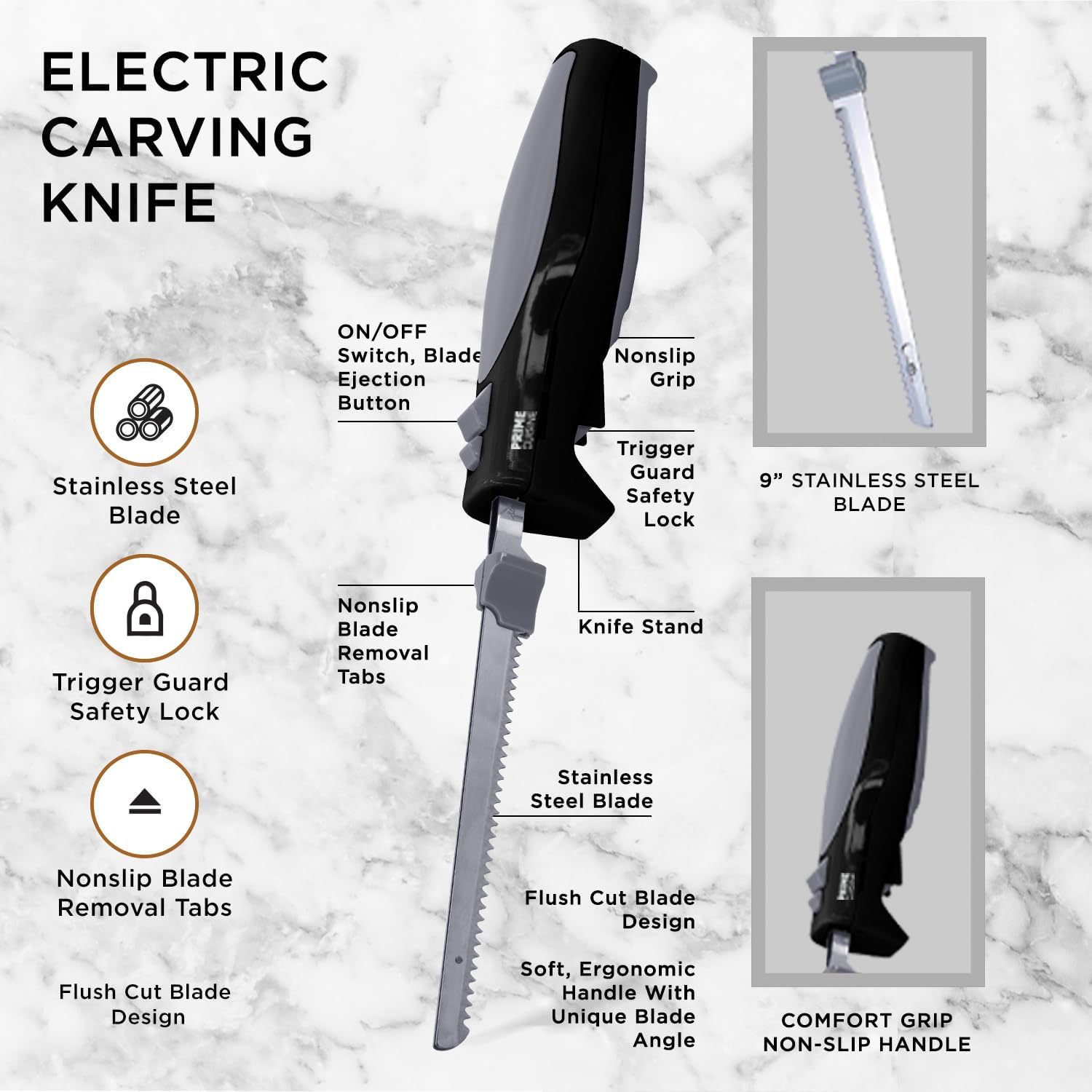 Electric Knife With Cord| 9" Stainless Steel Blade | Non-Slip Grip | Dishwasher Safe Parts | Trigger Lock Safety | Ergonomic Handle | Includes Knife Stand