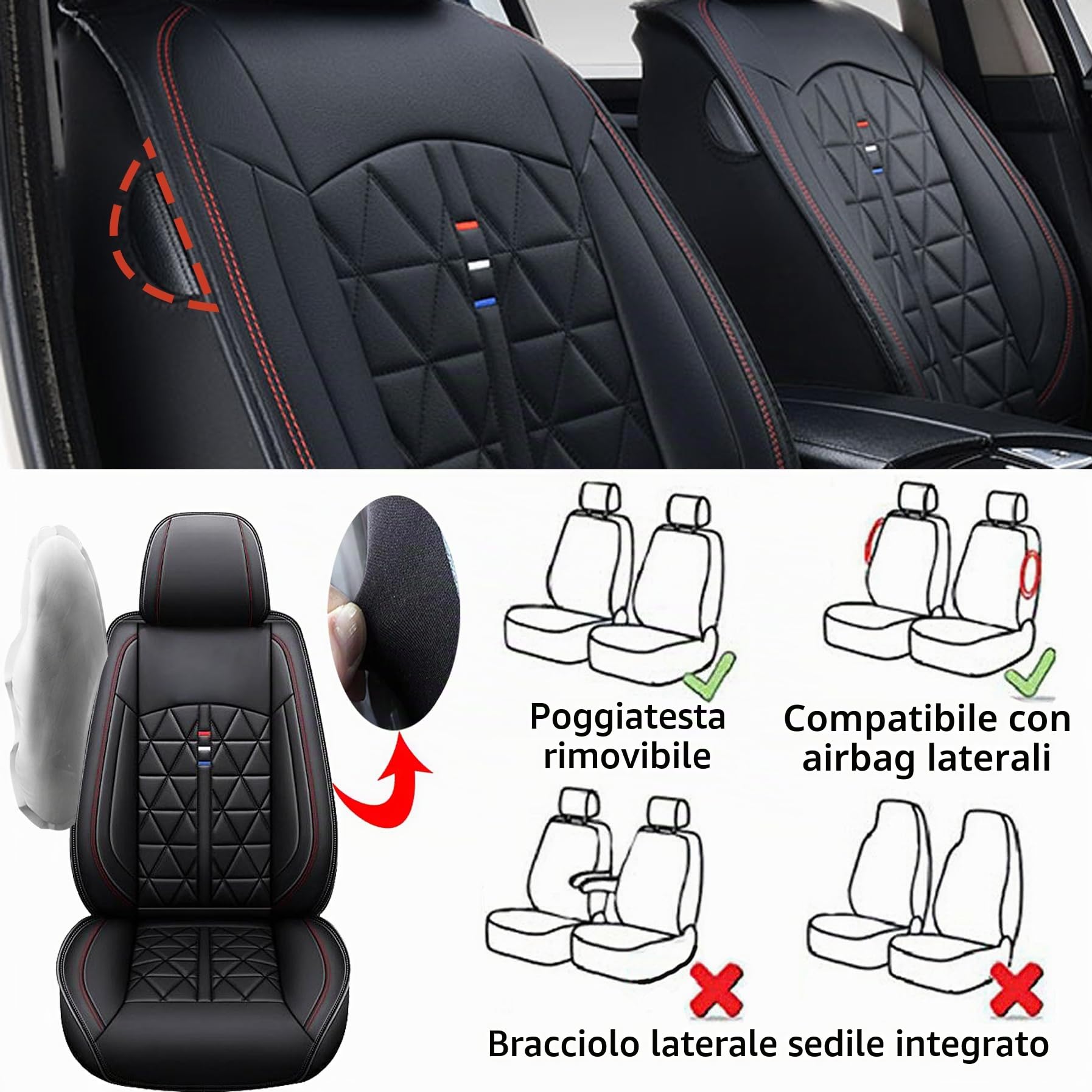 Coprisedili anteriori per Ford Edge Fiesta Van Focus C-max Grand C-max Ka Ka+ Plus Kuga Mondeo Mustang Puma S-max, in pelle PU, antiscivolo e resistente all'usura