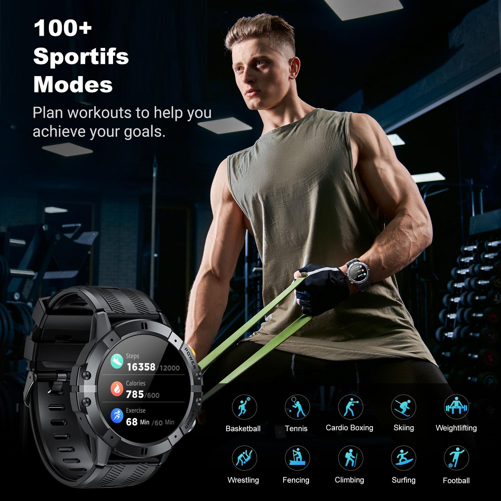 VIRAN Montre Connectée Homme 1.52" Militaire Smartwatch Appel Bluetooth Moniteur Pression Artérielle Fréquence Cardiaque Sommeil IP68 Android iOS Noir