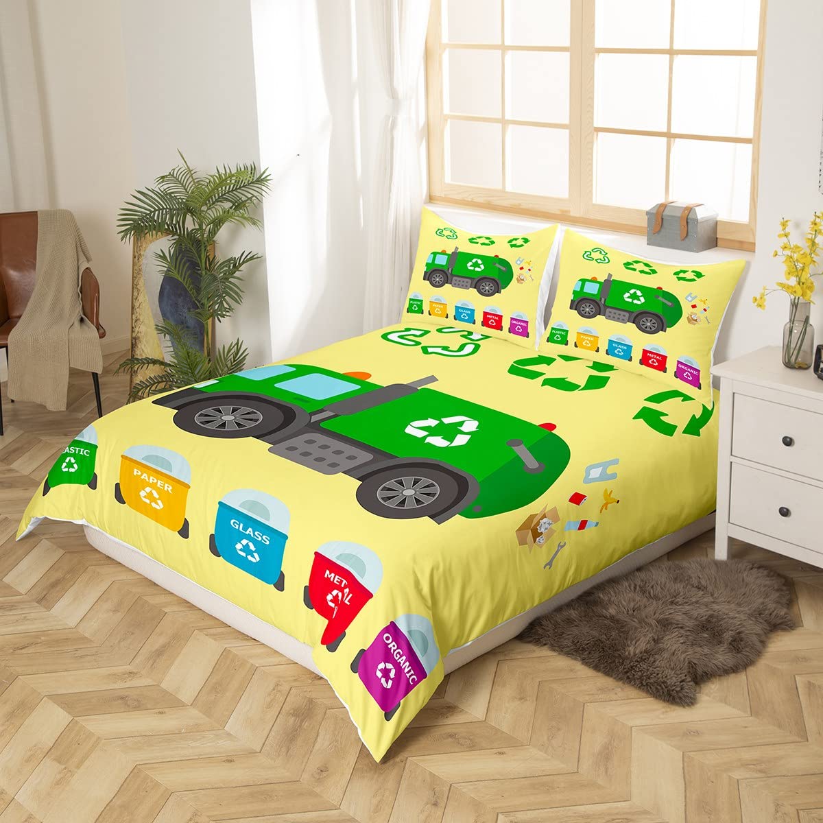 Kids Green Garbage Truck Comforter Cover Double Size Recycling Trash Truck Bedding Set For Toddler Boys Girls Teens Waste Separation Themed Duvet Cover Cartoon Car Bedspread Cover Microfibre Soft - Image 2