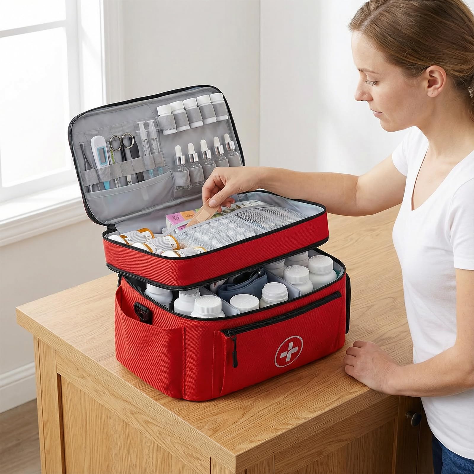 Tragbare Erste-Hilfe, Medikamententasche mit großer Kapazität, Mehrfächer-Organizer mit Schulterriemen, Leere Notfalltasche für Schule, Reisen und häusliche Pflege, Krankenschwester Tasche (Rot)