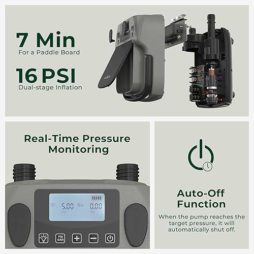 Miniatura 5 de ACACIA Bomba de tabla de remo, bomba SUP de inflado de doble etapa, bomba de aire eléctrica 30% más rápida, bomba de aire de batería de 16 PSI