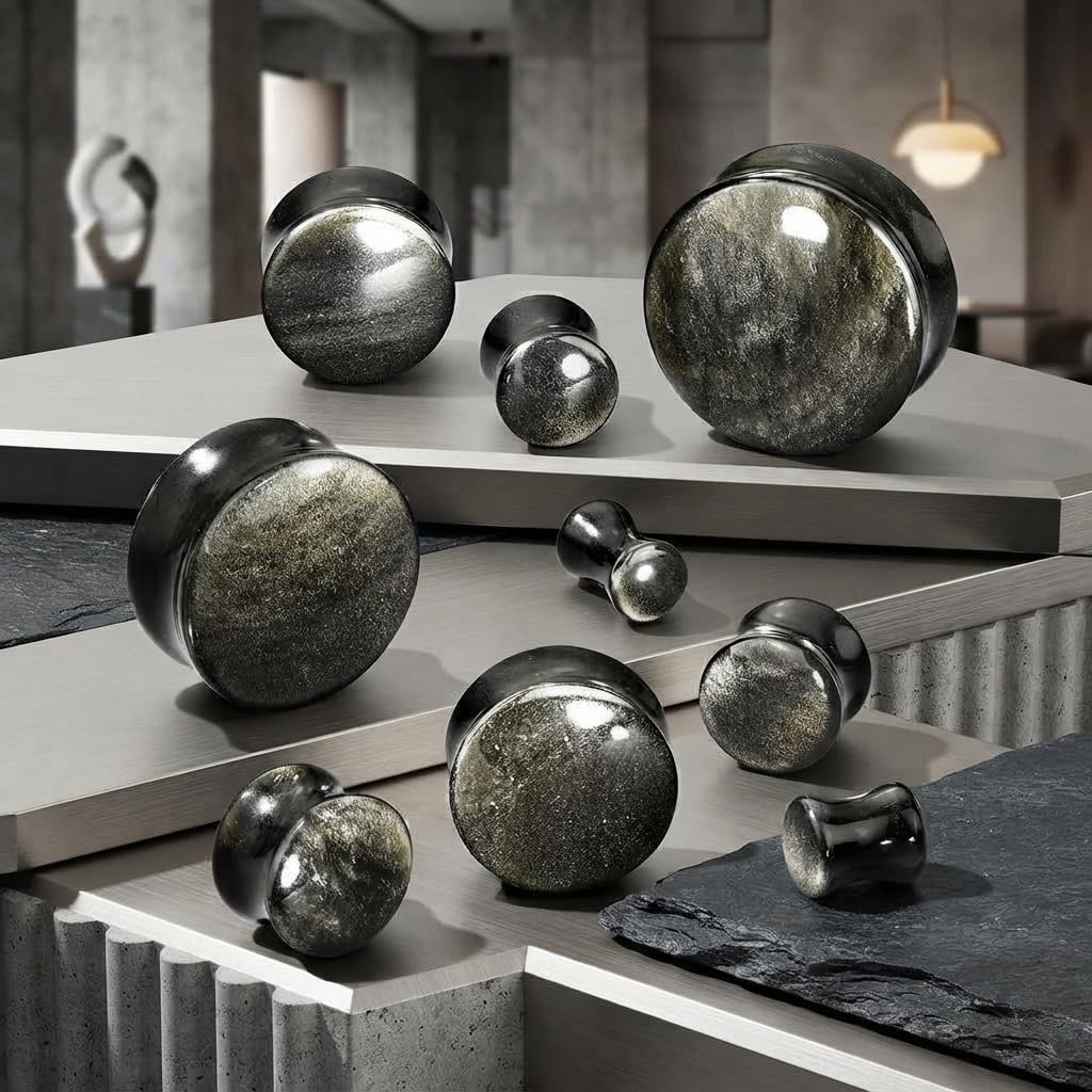 E665 Paire de bouchons d'oreille évasés en obsidienne dorée naturelle pour oreilles étirées