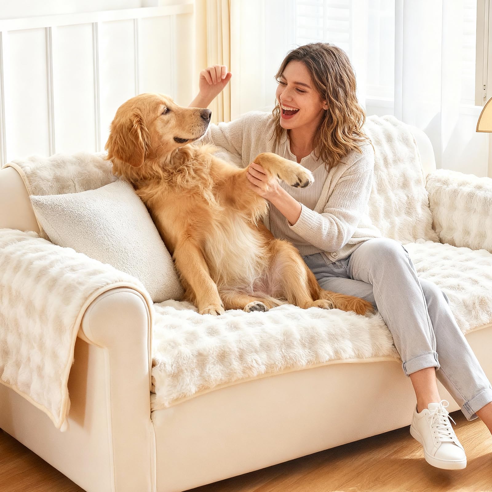 Tokokimo Faux Fur Couch Sofa Cover - 70 * 150cm Sofa Covers 2 Seater, Plush Warm Sectional Sofa Covers Washable, Non-slip Slipcover Sofa Covers for Pet Dog Furniture Protector(1PC,Beige)