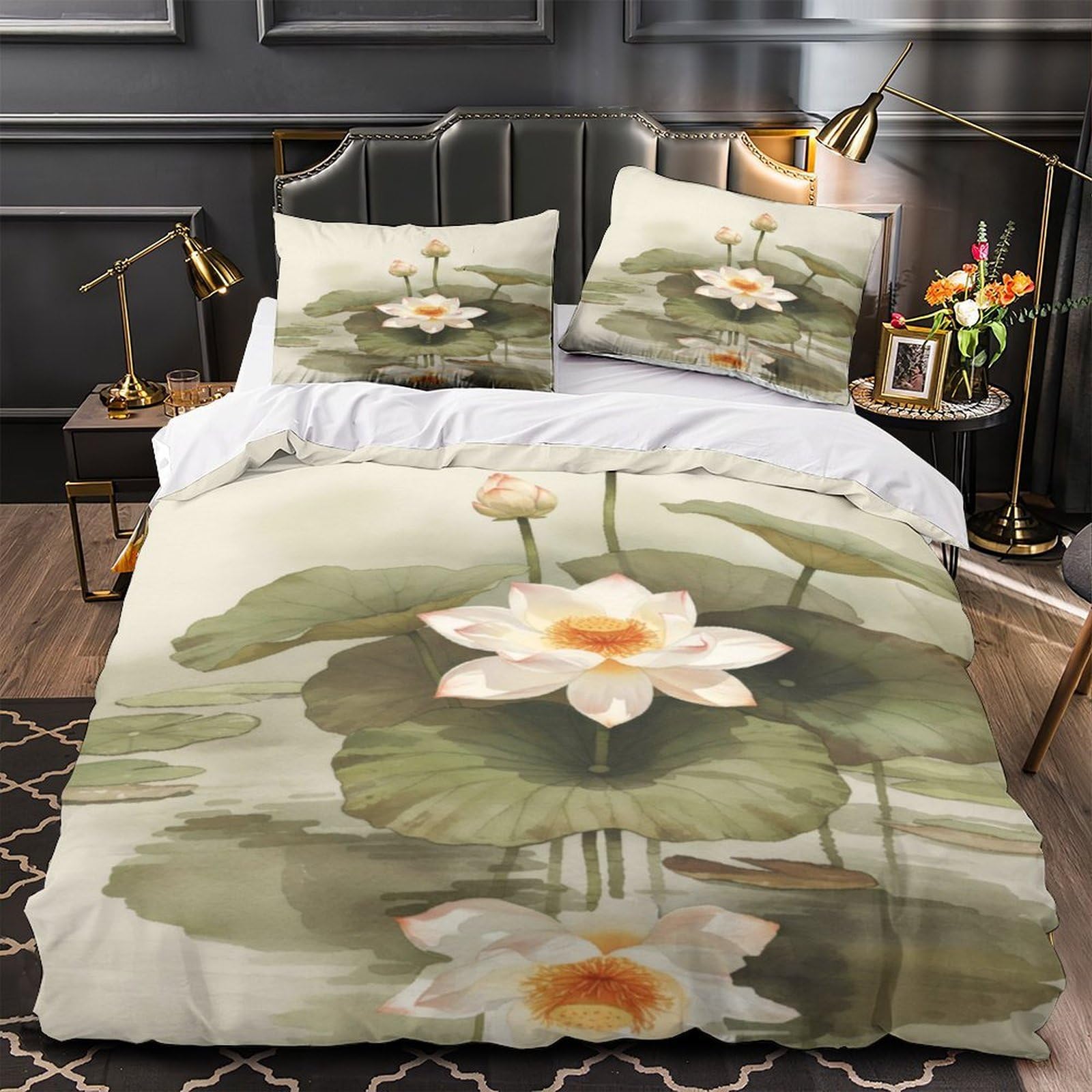 MMDASBVPE Lotus Flower Quilt Cover 3D Design Printed Wrinkle-Resistant 3-Piece Bedding Set Zipper Comforter Cover Luxury Machine Washable for Teens Adults Women Kids Girls Super king（260x220cm）