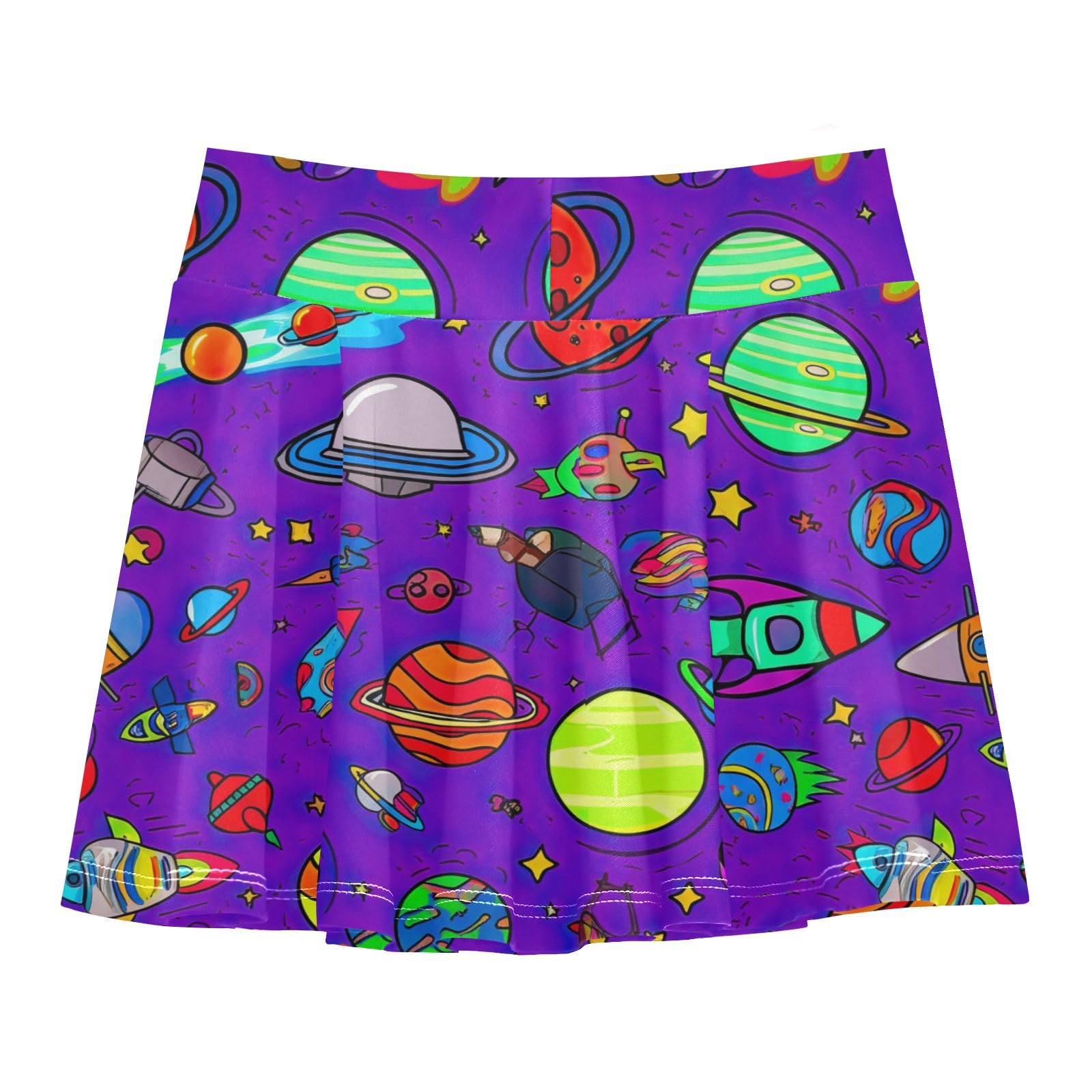 CHIFIGNO Cute Cartoon Space Purple Girls Athletic Skirts 2-in-1 Sport Tennis Skorts Kids Golf Skort with Shorts Size 9-10