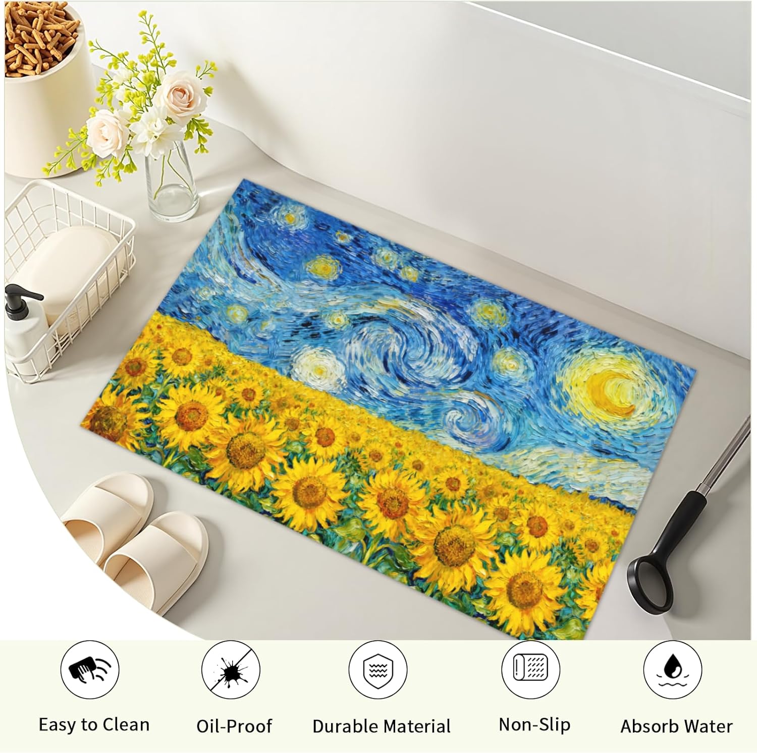 Van Gogh Starry Night Bath Rug Sunflower Bath Mat Oil Painting Art Doormat Non Slip Absorbent Bathroom Carpet 20x32 Inch for Bathroom Entryway Living Room