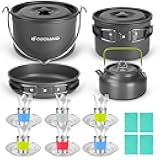 39pcs Camping Cookware Mess Kit, Non-Stick Large Size Hanging Pot Pan Kettle with Base Dinner Cutlery Sets for 6 and More, Cups Dishes Forks Spoons Kit for Outdoor Camping Hiking Picnic