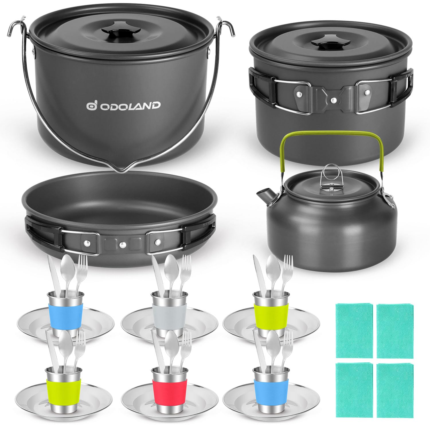Odoland 39pcs Camping Cookware Mess Kit, Non-Stick Large Size Hanging Pot Pan Kettle with Base Dinner Cutlery Sets for 6 and More, Cups Dishes Forks