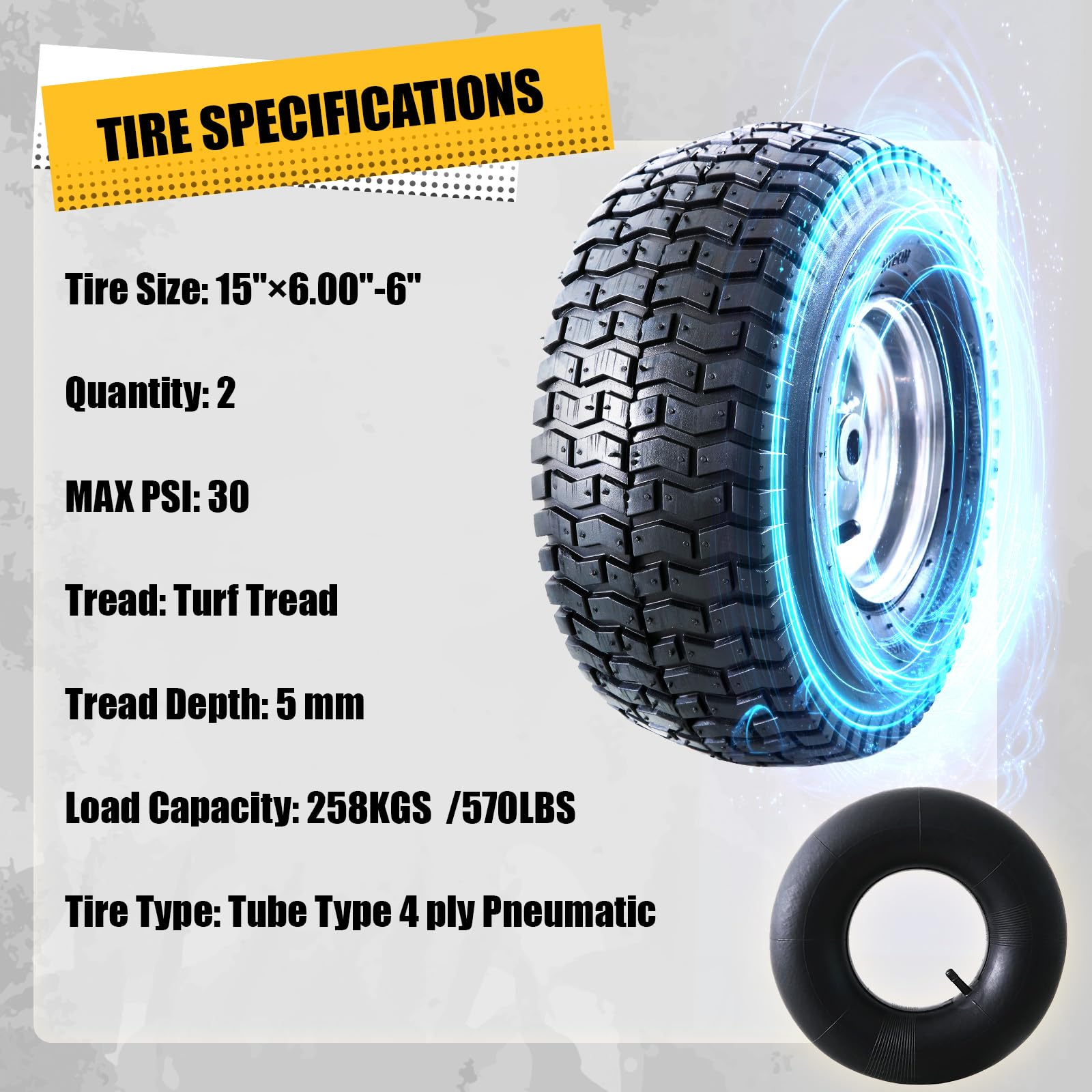 MZREXN Neumáticos y conjunto de rueda para cortacésped 15x6.00-6, repuesto de neumáticos delanteros, compatible con cortacéspedes John Deere y más cortacéspedes de montar, tractores de césped, 4 capas