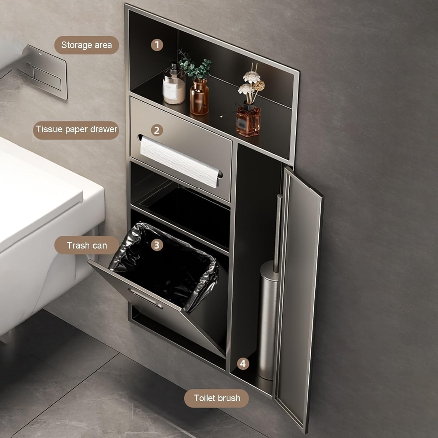Portarotolo per carta igienica incorporato, cestino per la spazzatura, senza piastrelle, 400 x 670 mm, in acciaio inox 304 per una comoda conservazione