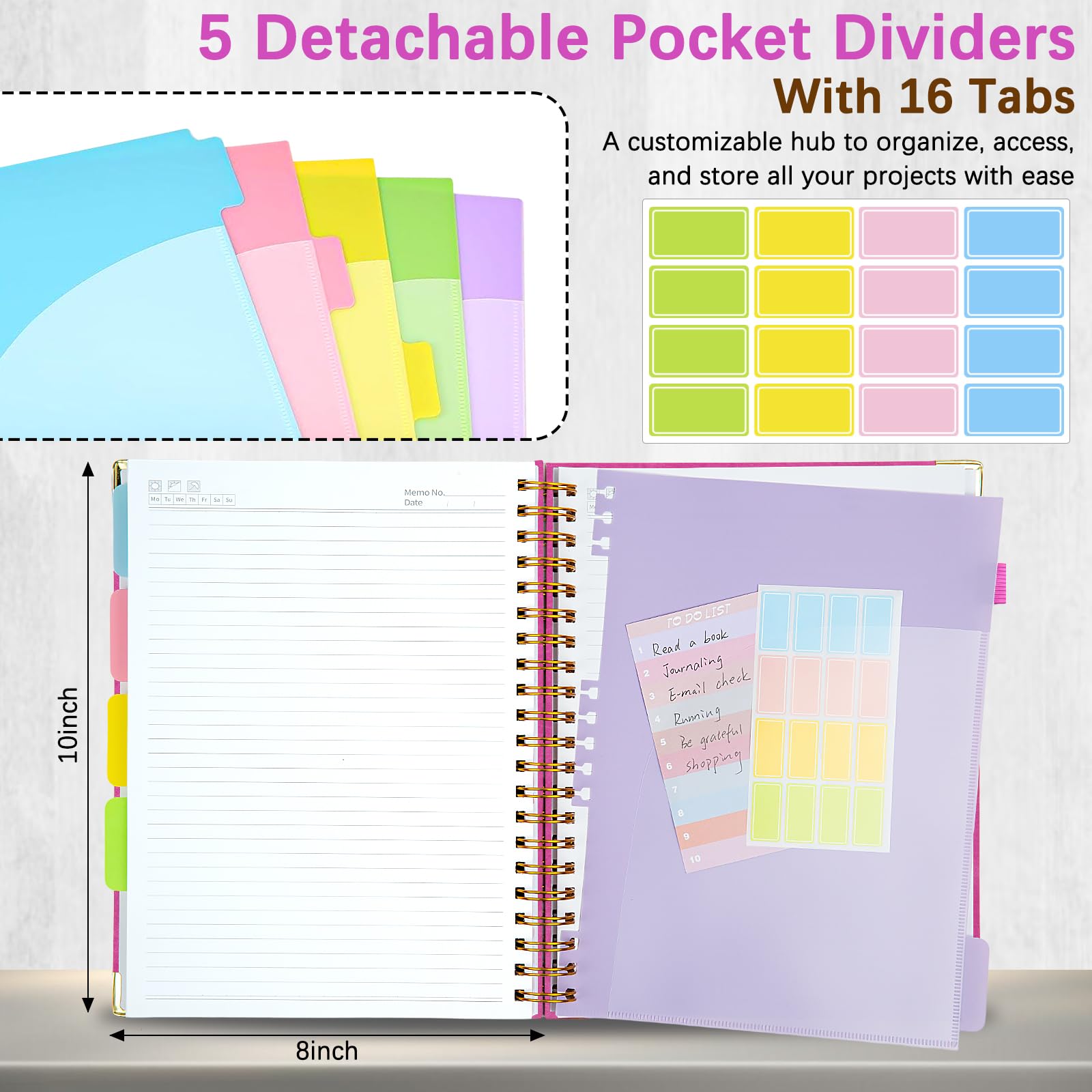 Cuadernos en espiral de tapa dura para el trabajo de 8 x 10 pulgadas, 300 páginas, cuaderno de 5 materias con separadores y pestañas, diario en espiral B5 para mujeres, cuaderno con rayas