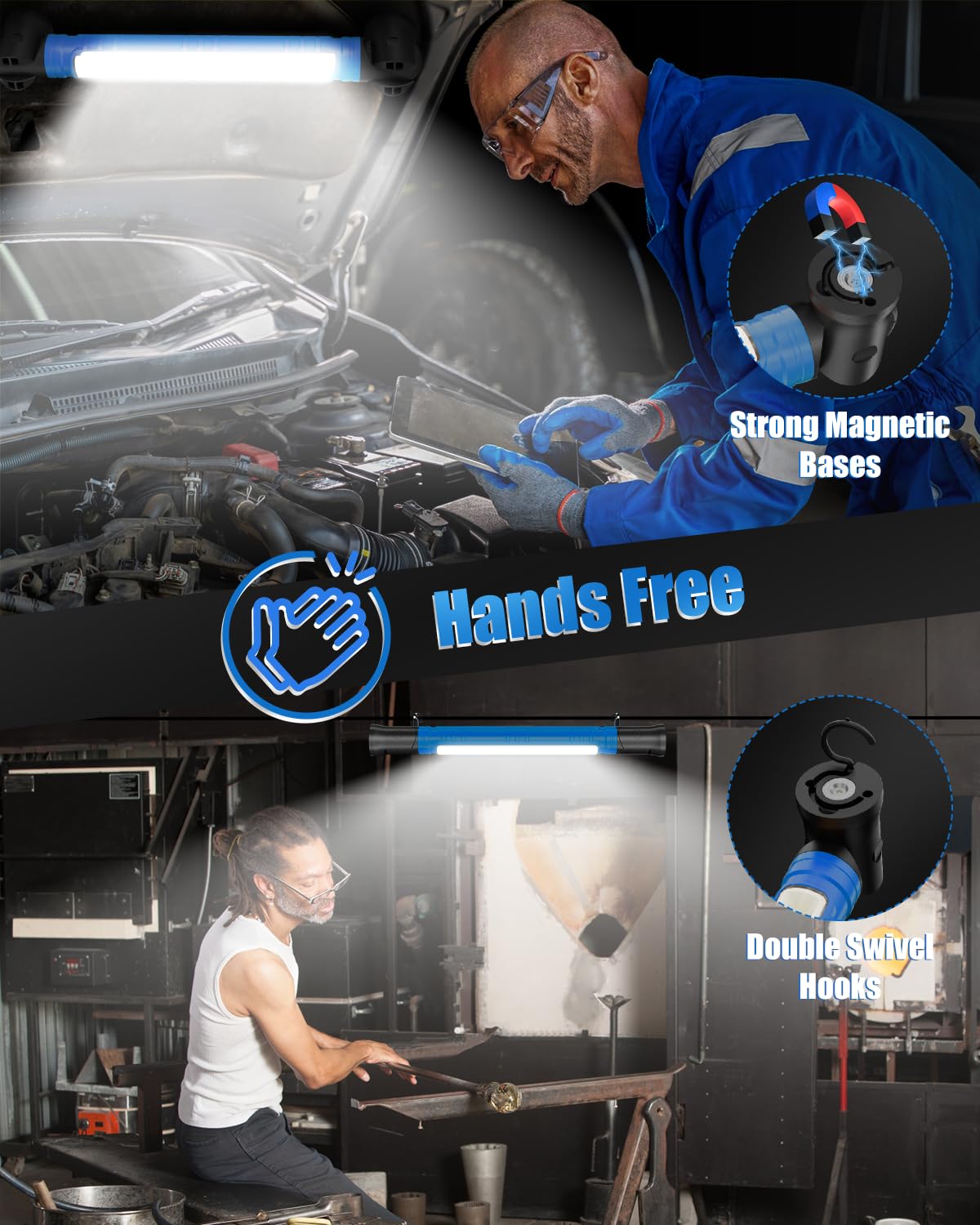 Luce da lavoro magnetica ricaricabile, 3000 lm, con ganci e base girevole, 6000 mAh, senza fili, per riparazioni auto, garage, ispezioni in officina