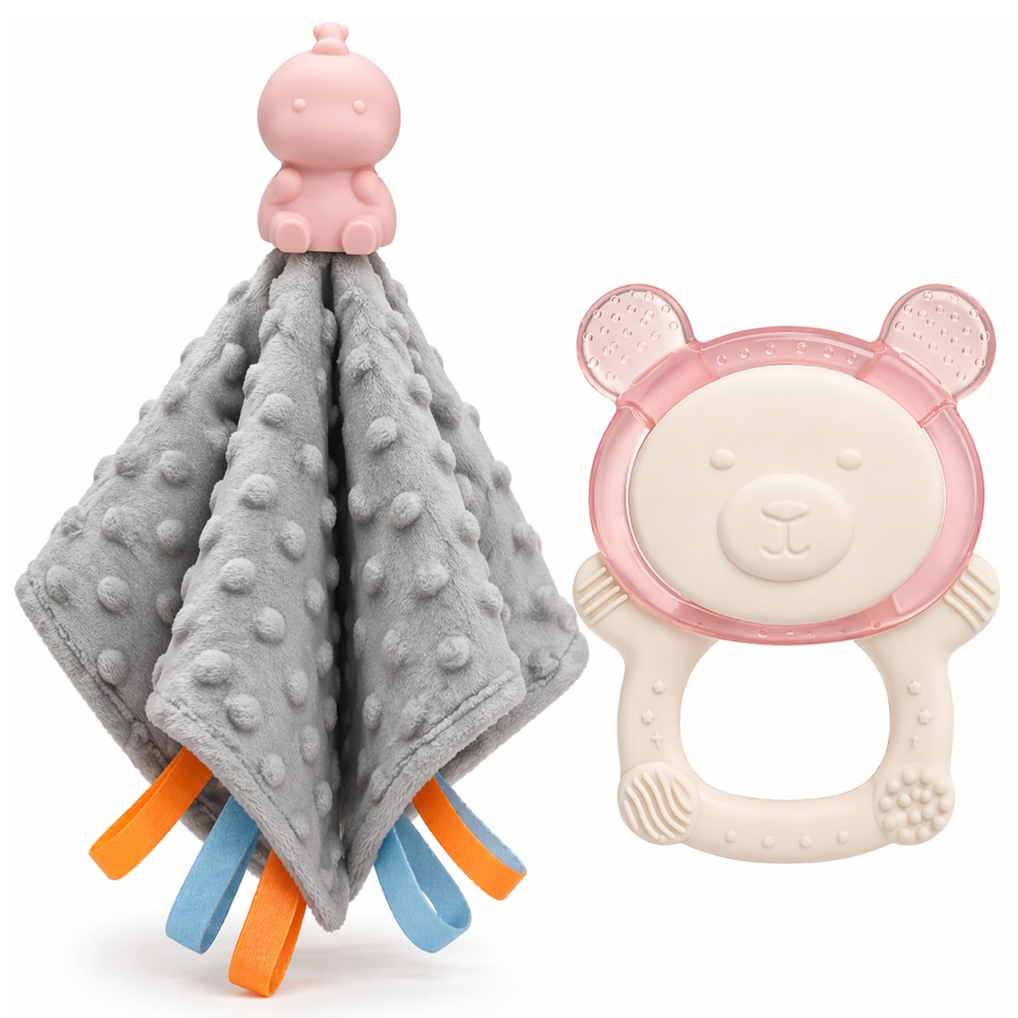 Bloomรฉ Baby Teething Gift Set for Newborns โ Baby Security Blanket Comforter with Silicone Topper + Cooling Bear Teether Ring โ BPA Free Sensory Toy, (Yellow/Blue/Grey) (Cloud Grey)