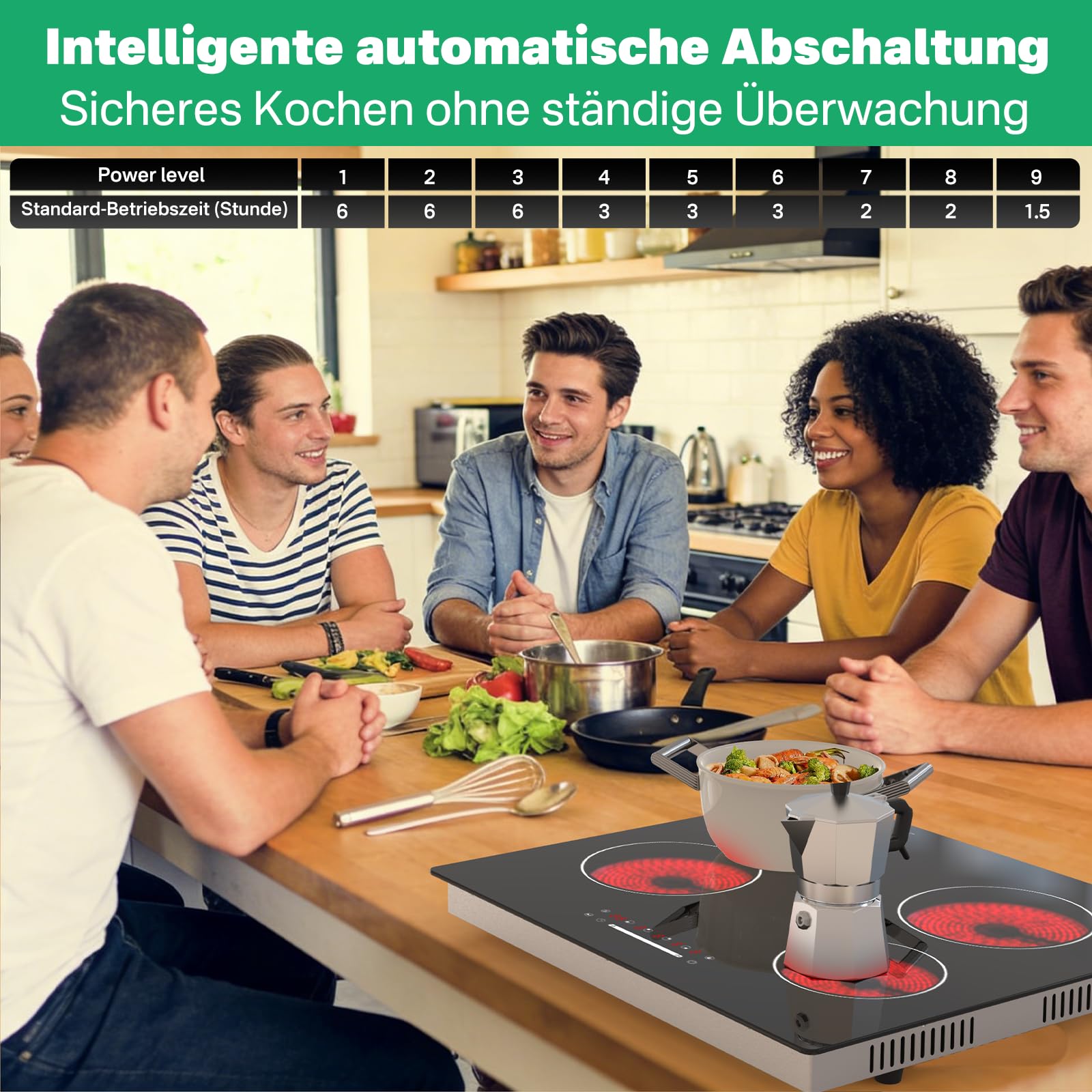 60 cm Glaskeramik Kochfeld 4 Zonen, 6000W Elektro-Cerankochfeld Einbau, Slider Touch Bedienung, Einkreis-Kochzonen, Ohne Stecker Festanschluss, 560×490 mm