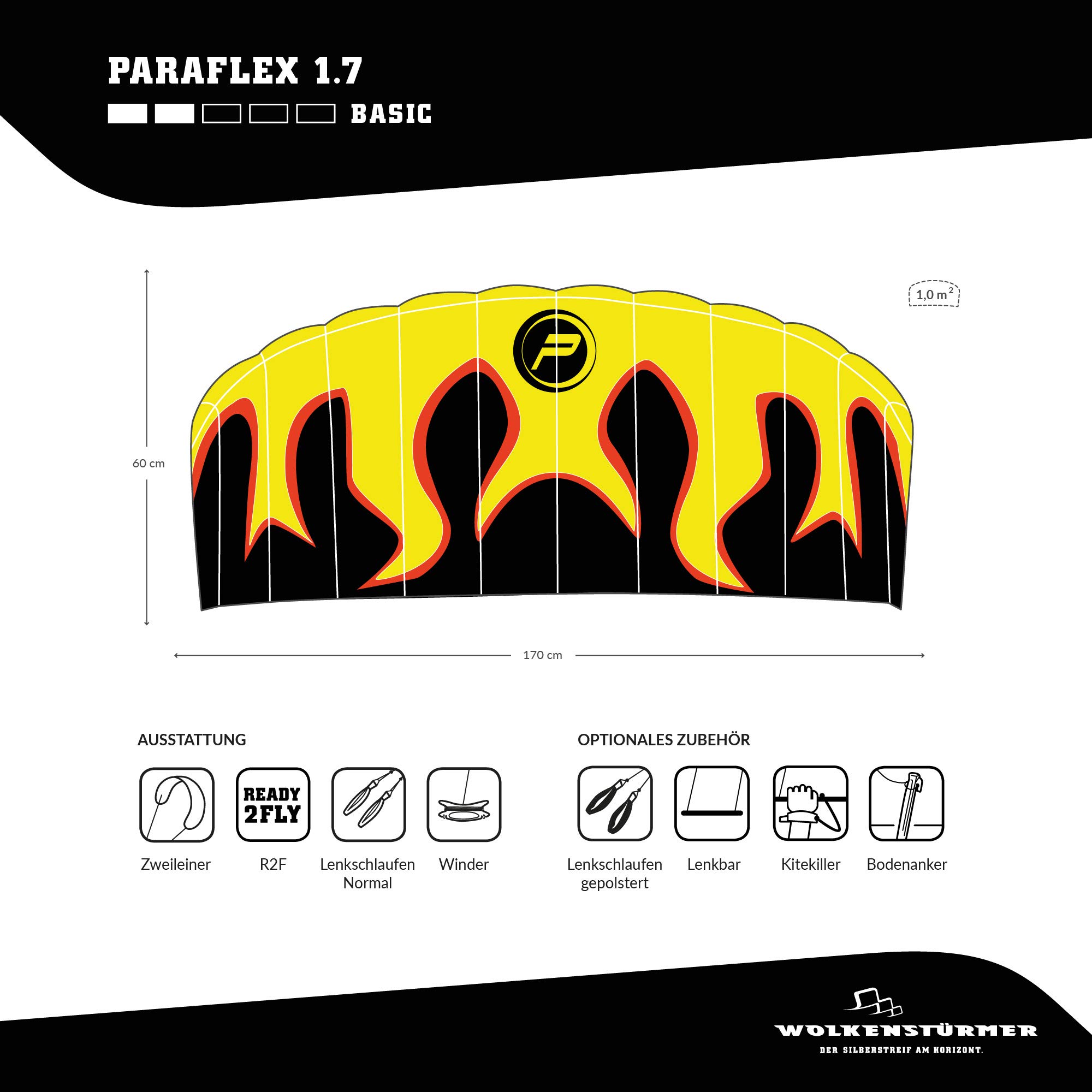 Wolkenstürmer® Paraflex Basic 2-Leiner Lenkmatte 1.7 (Flame) - Kite Drachen mit Polyesterleinen & Flugschlaufen - Flugdrachen für Anfänger ab 8 Jahren