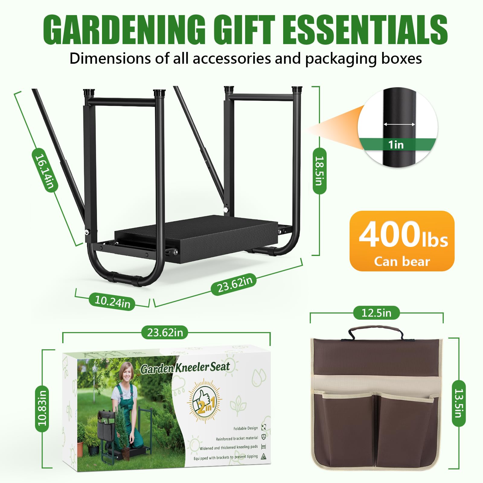 seasky Asiento de jardín y reclinable, plegable y antivuelco, almohadilla de rodillas gruesa y suave, banco de jardinería con asas con bolsa de herramientas, regalo de jardinería para personas mayores