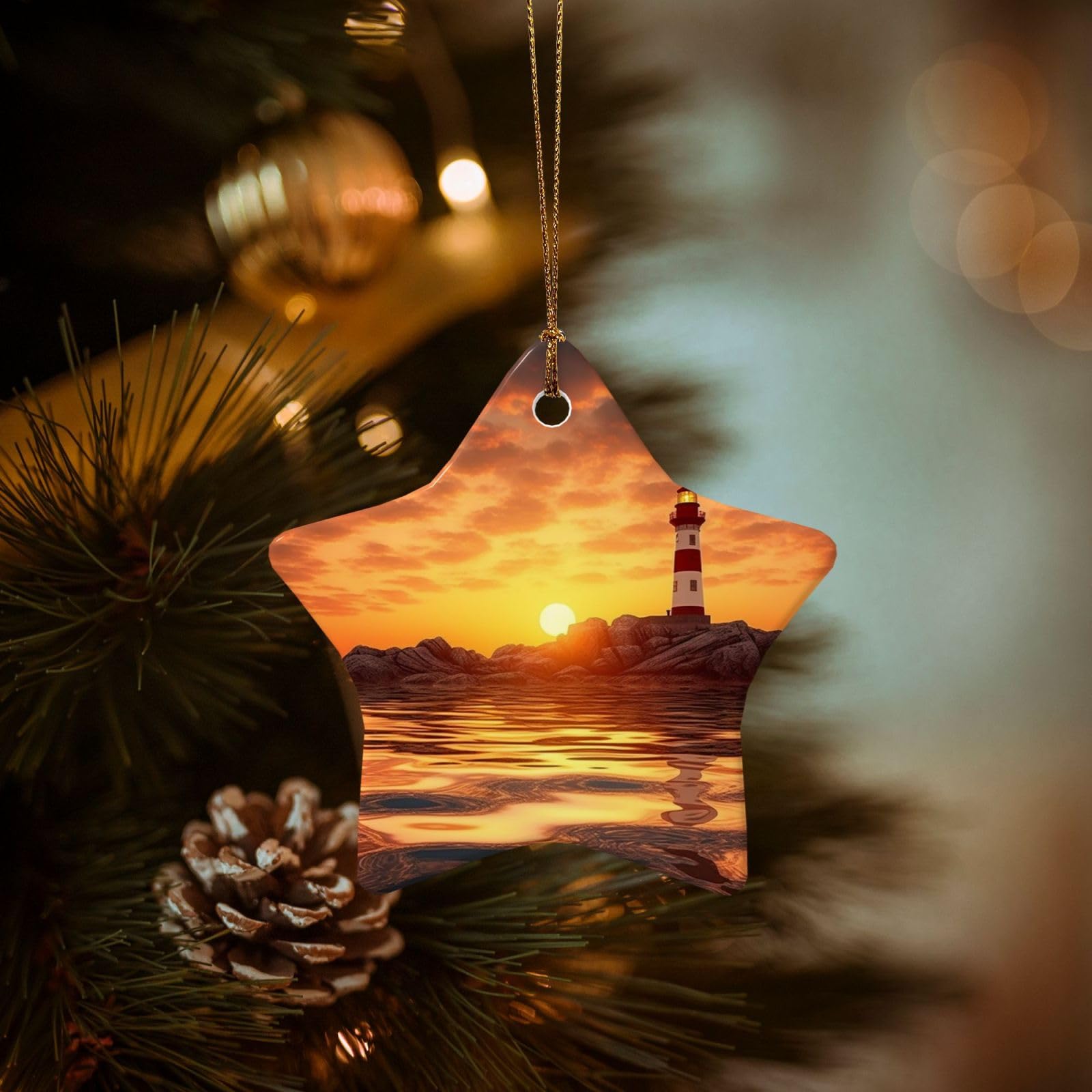 Christmas Tree Ornaments Ceramics Christmas Decorations Sea Lighthouse in Sunset Ornaments with Gold Ribbon Porcelain Xmas Tree Crafts Star Shape Hanging Pendant for Christmas Tree Party Decor