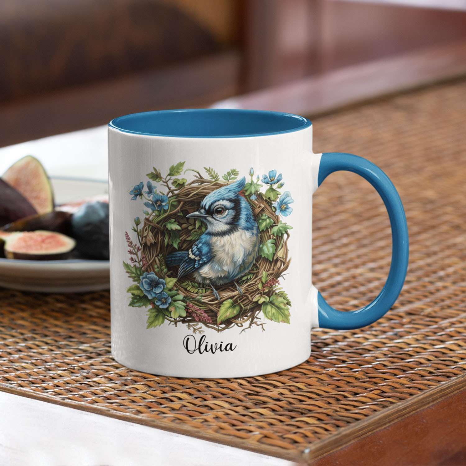 Personalized Blue Jay & Daisy Mug - Custom Name Ceramic Cup 11oz Or 15oz