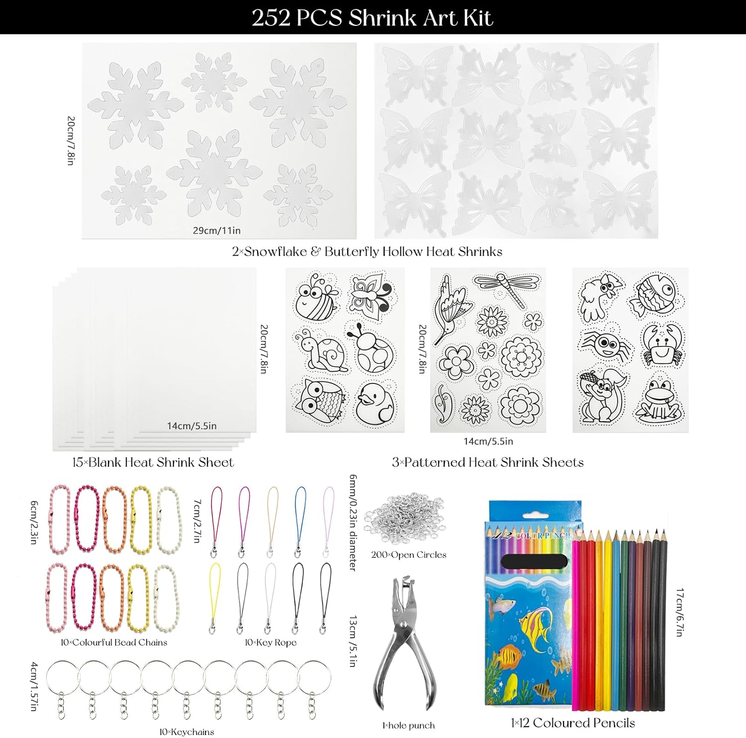 SNAIL GARDEN 252 PCS Shrinky Dink Sheets with Hollow Out Pre-Cut Snowflake & Butterfly Patterns, Heat Shrink Plastic Sheet Kit with DIY Keychain, Hole Punch, Colored Pencils