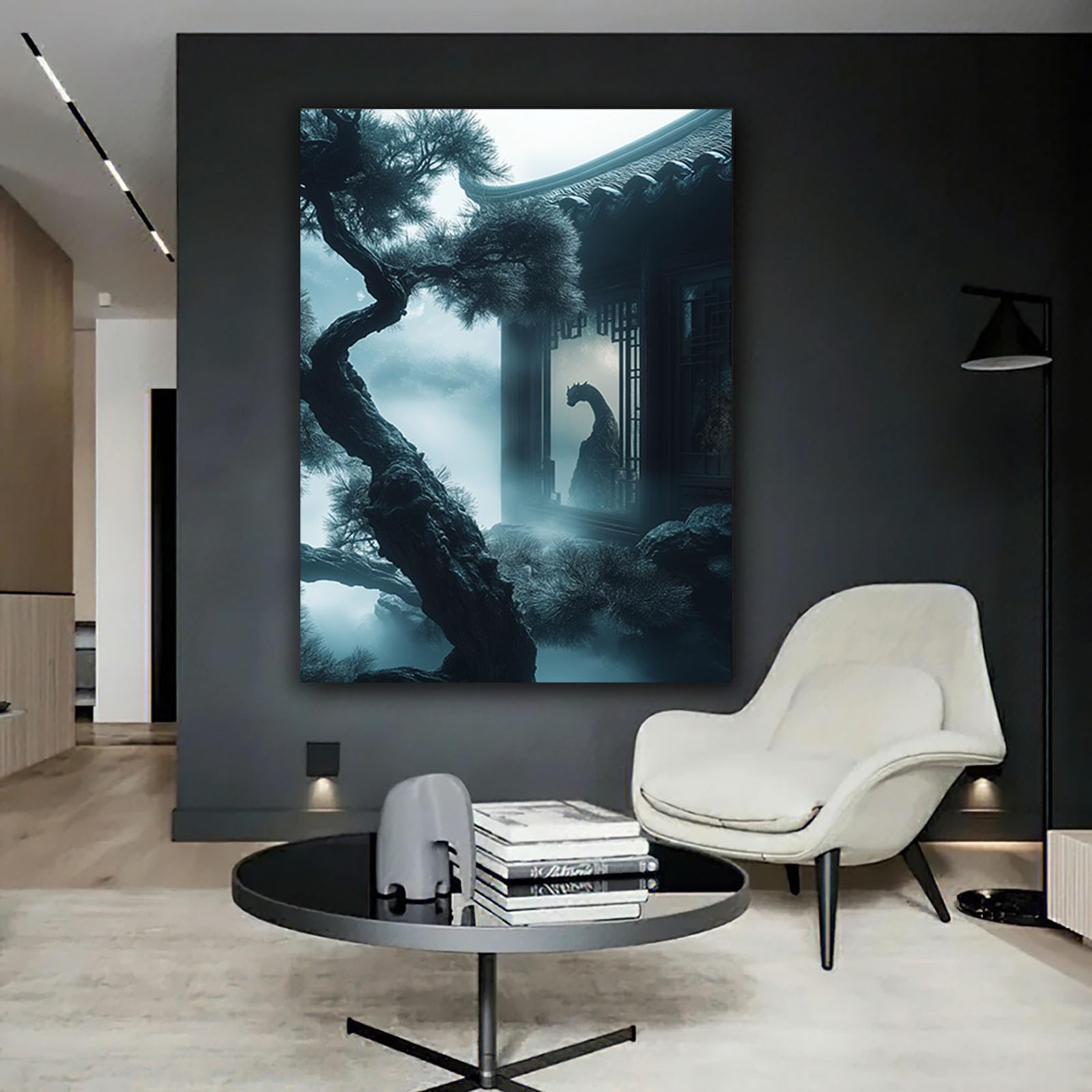 WUFIEA Azjatyckie płótno sztuka ścienna tradycyjna chińska mgiełka sosnowe pawilony do dekoracji domu biura salonu sypialni (Blu foschia) - 60 x 90 cm oprawione