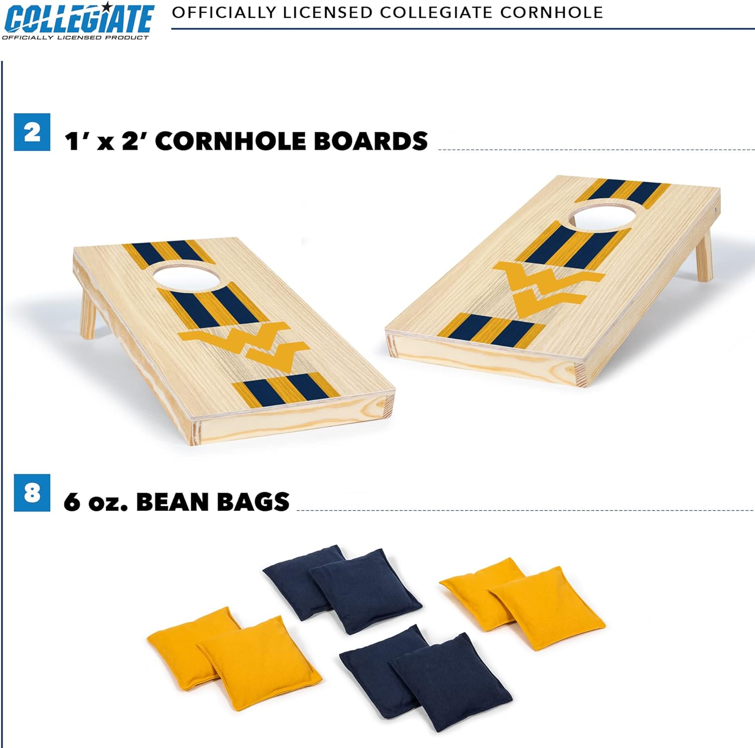 Wild Sports West Virginia Mountaineers 1' x 2' Travel Size Solid Wood Cornhole Set with Direct Print HD Team Graphics – Great Gift for Any Sports Fan! Bean Bag Toss Family Games for Outdoor Play