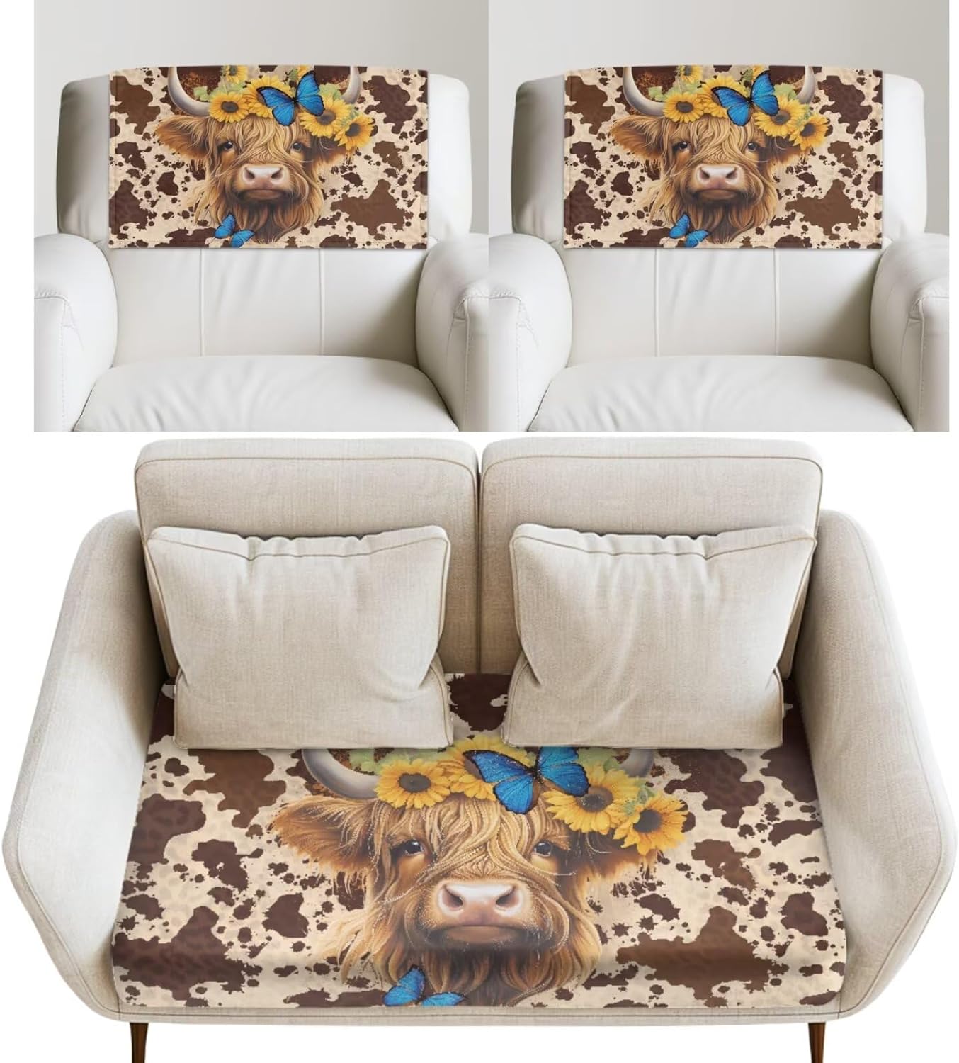 Highland Cow Universal Recliner Headrest Cover with Cushion Protector for Loveseat with Elastic Bottom Sunflowers Butterflies PU Sofa Headrest Covers Easy to Install