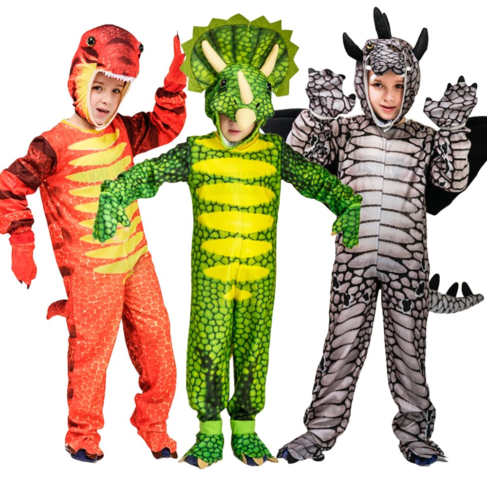 Kostium dinozaura zielony / pomarańczowy / szary dinozaur cosplay kostium na Halloween, przebranie na karnawał