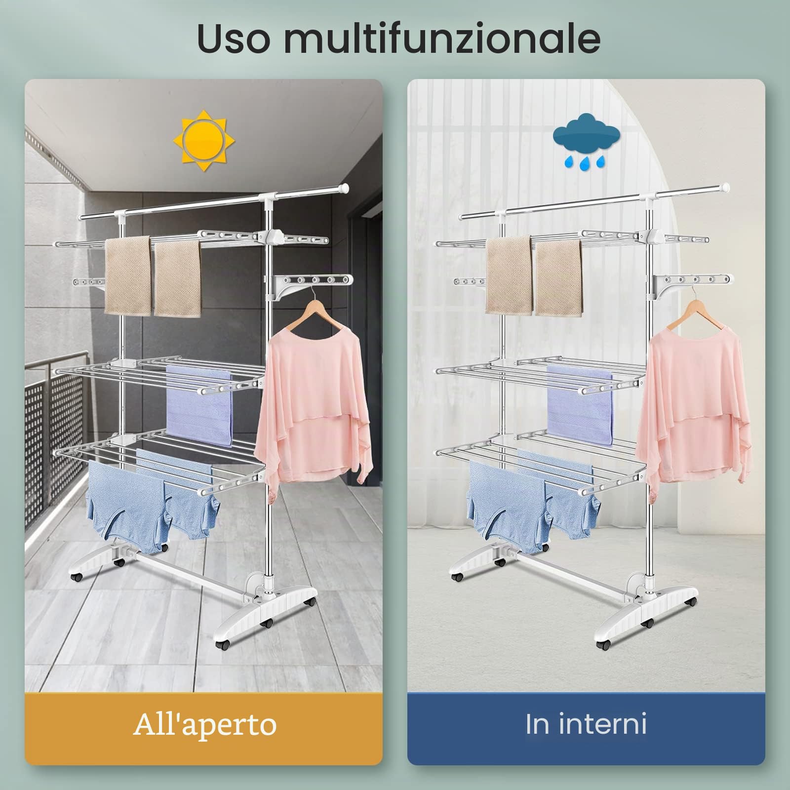 Todeco Stendibiancheria a 3 Livelli, Pieghevole in Acciaio Inox, Appendiabiti Regolabile con Ruote e Barra Superiore Estensibile